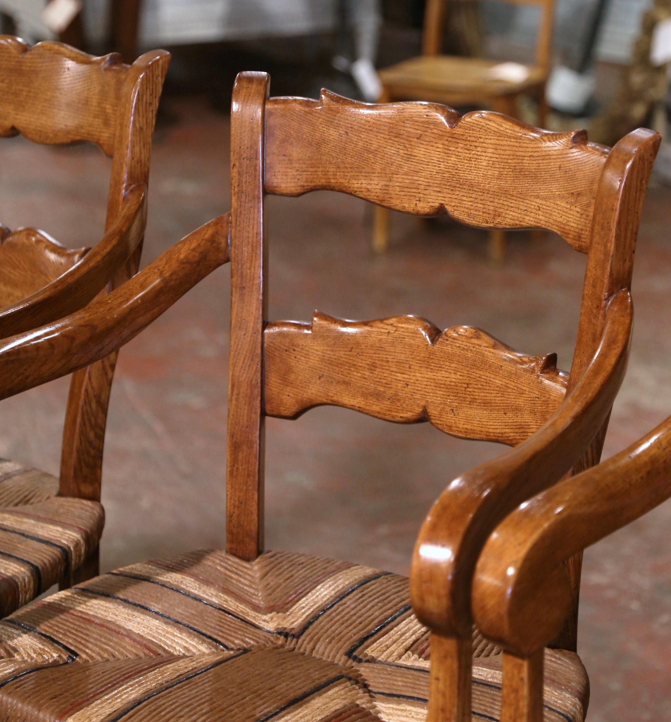  Vintage Country French Carved Oak Stools with Painted Rush Seat, Set of Four For Sale 1