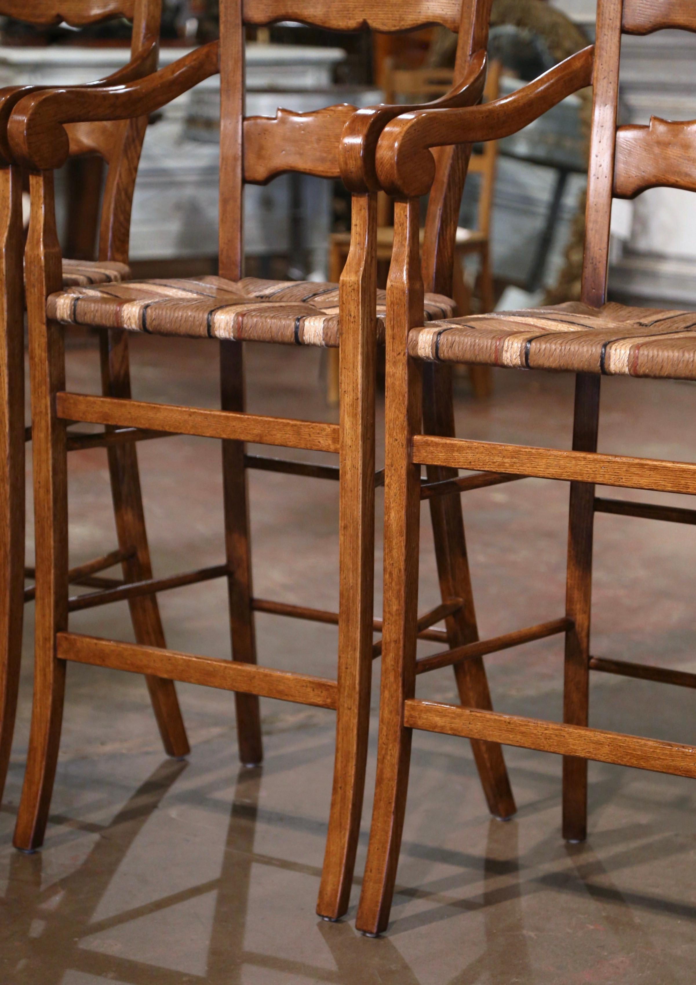  Vintage Country French Carved Oak Stools with Painted Rush Seat, Set of Four For Sale 3