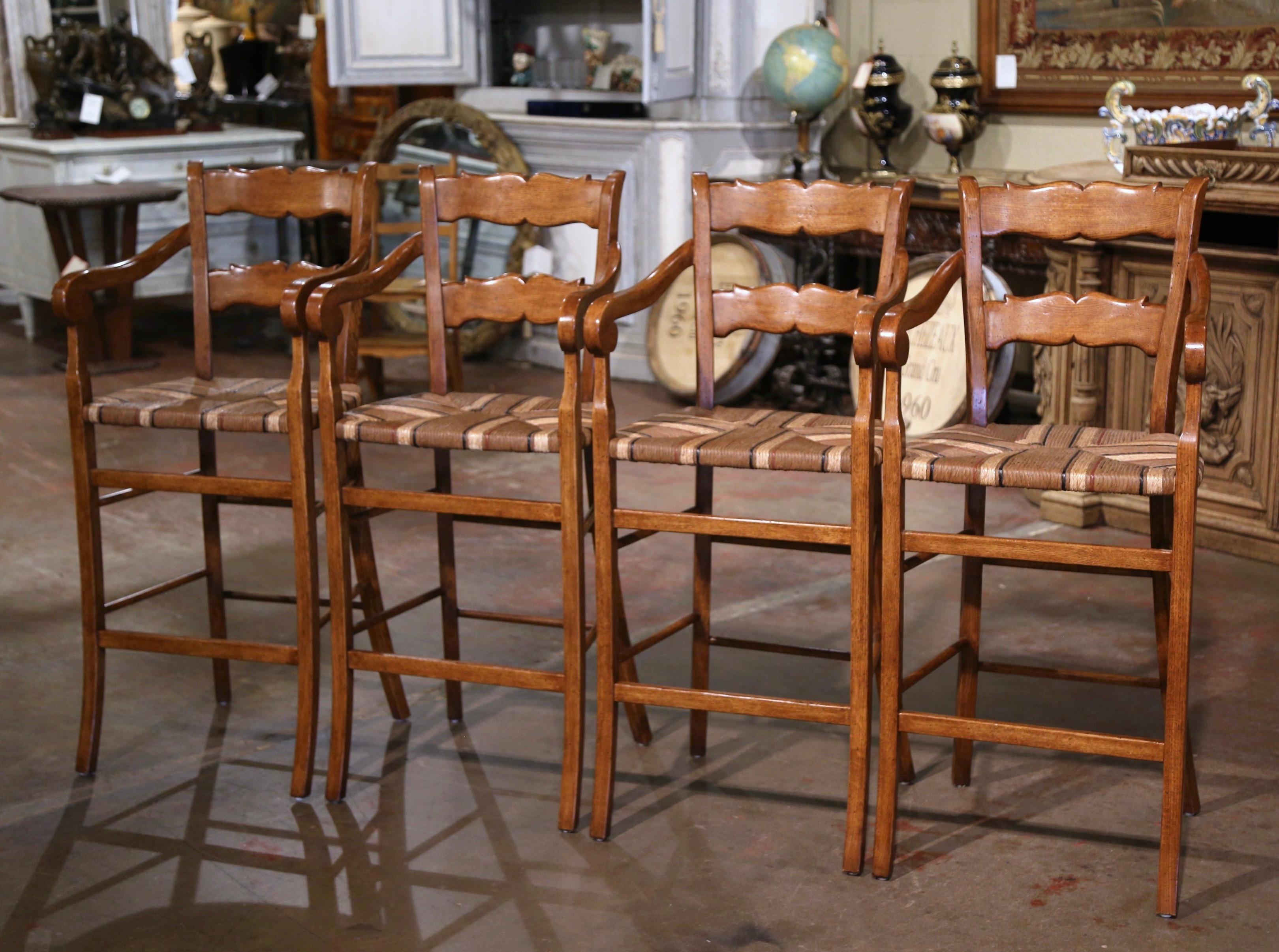  Vintage Country French Carved Oak Stools with Painted Rush Seat, Set of Four For Sale 4