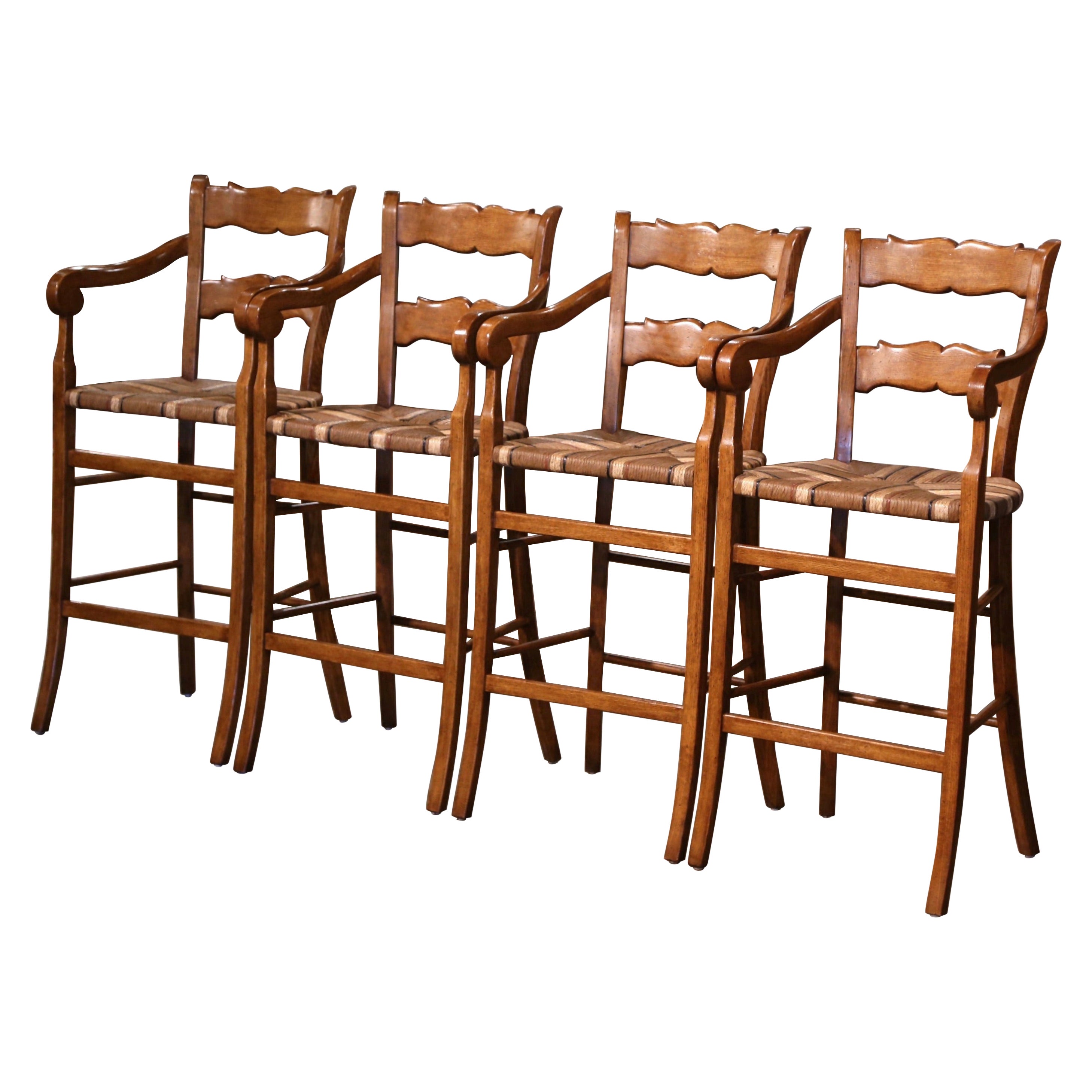 Vintage Country French Carved Oak Stools with Painted Rush Seat, Set of Four