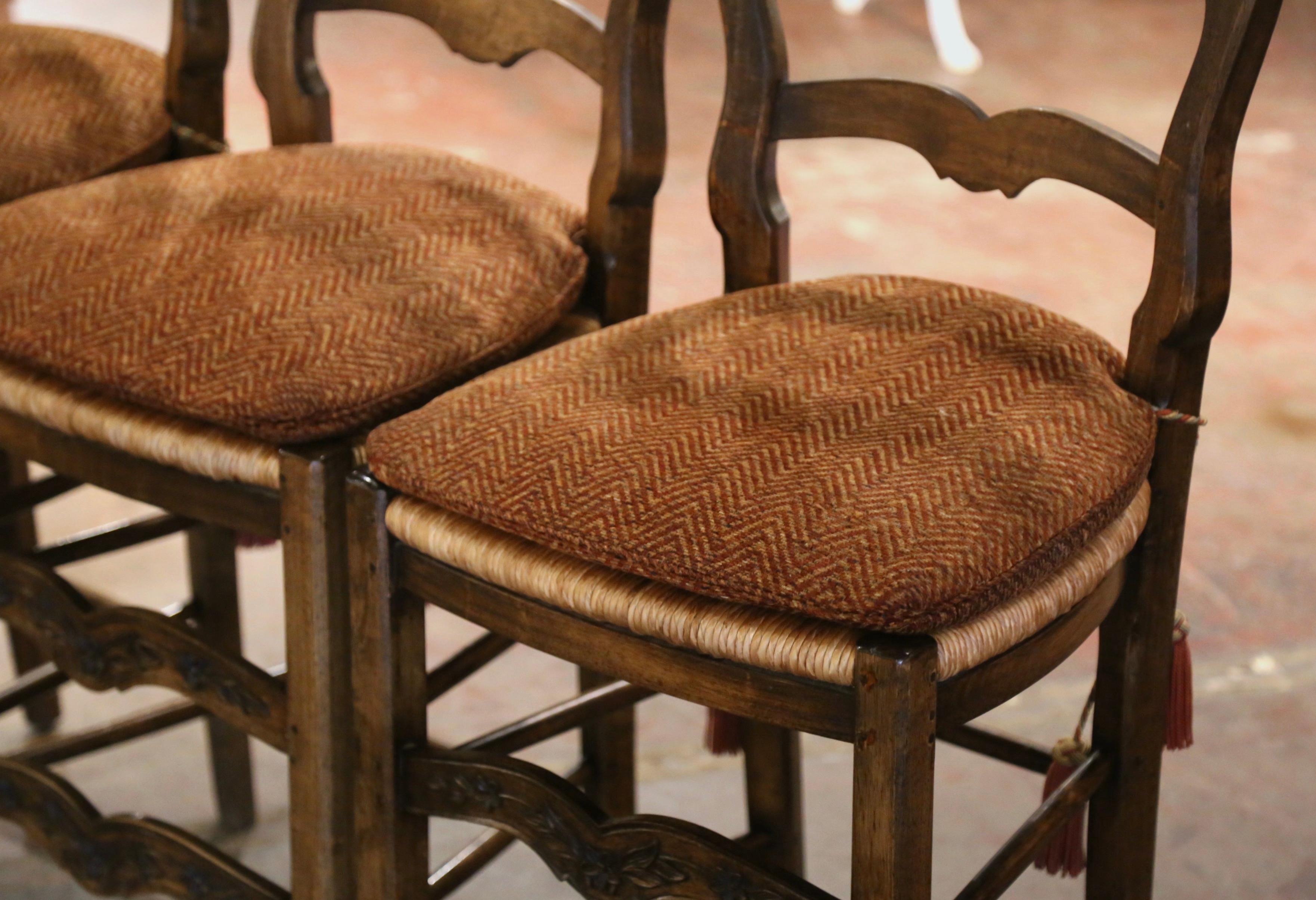 Louis XV Vintage Country French Carved Walnut Ladder Back Counter Stools, Set of 3