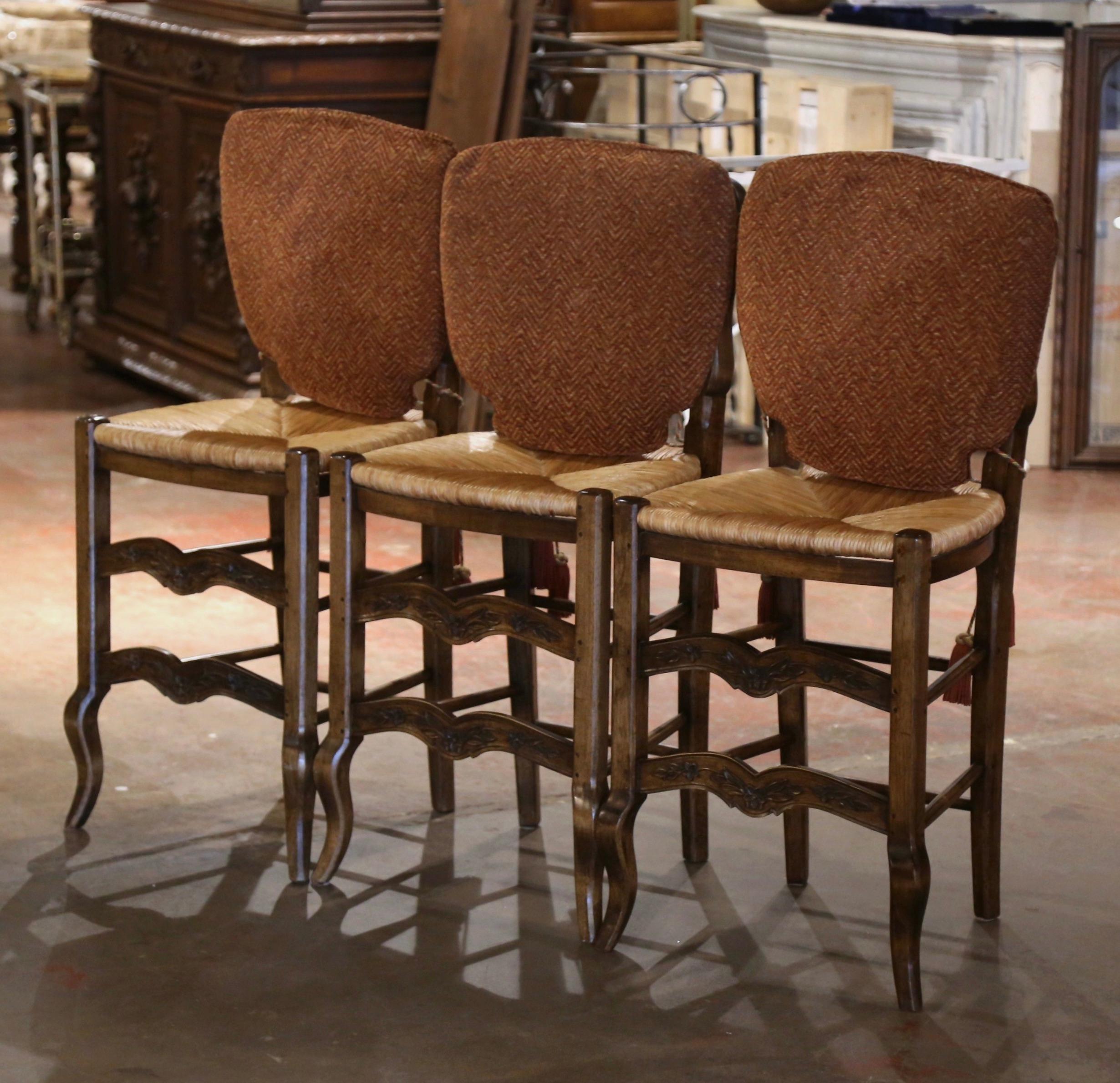 Hand-Carved Vintage Country French Carved Walnut Ladder Back Counter Stools, Set of 3
