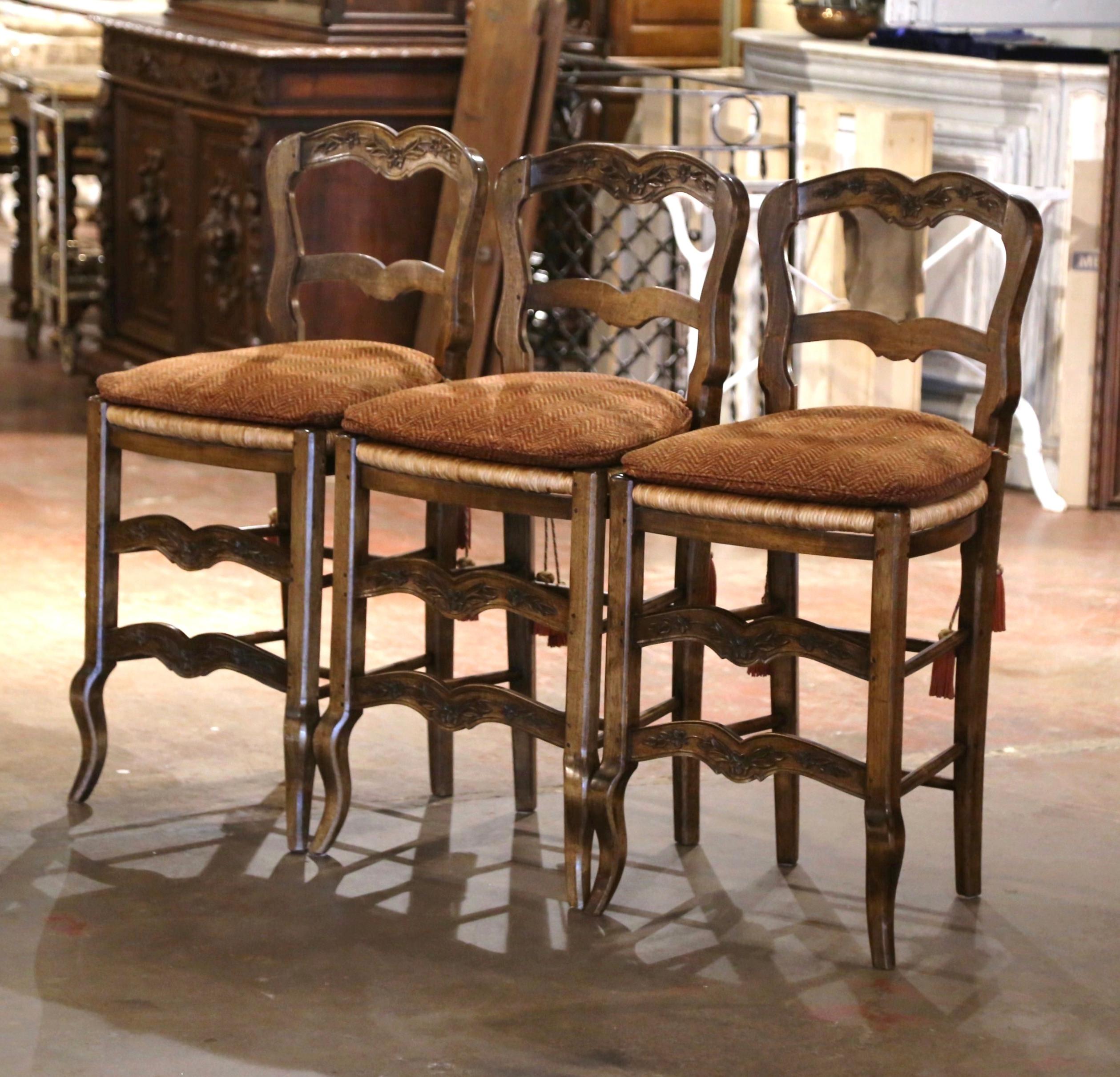 20th Century Vintage Country French Carved Walnut Ladder Back Counter Stools, Set of 3