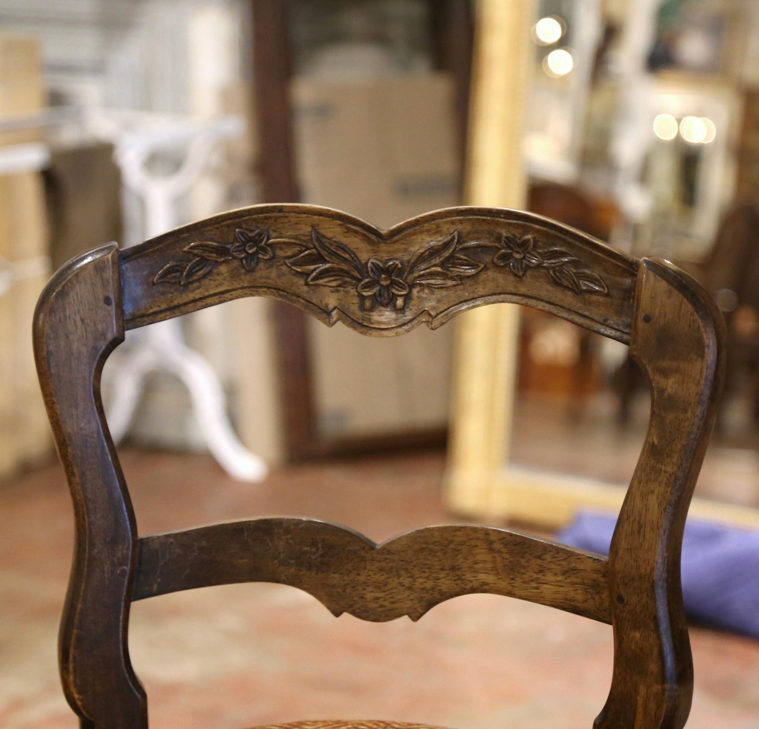 Rush Vintage Country French Carved Walnut Ladder Back Counter Stools, Set of 3