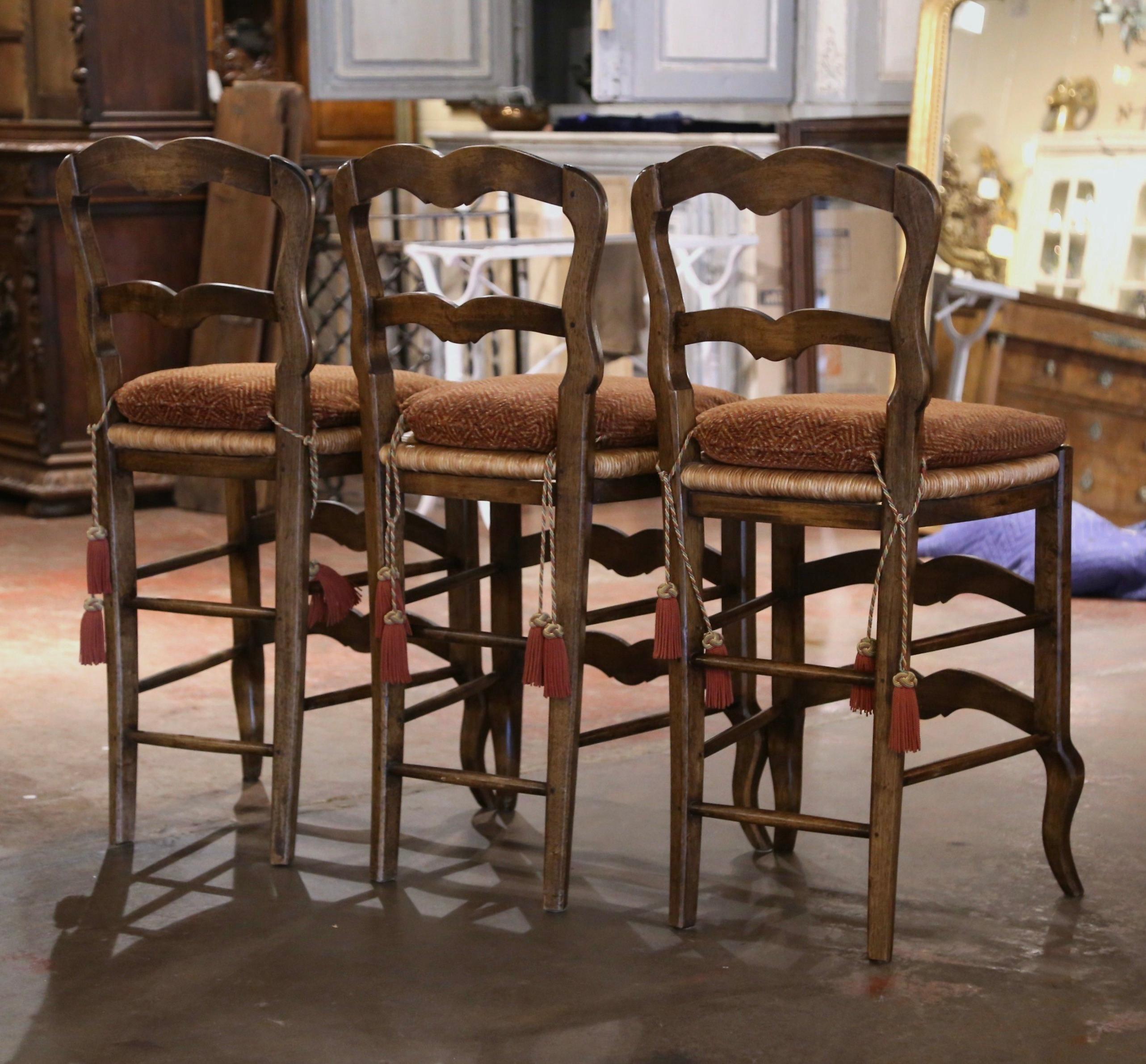 Vintage Country French Carved Walnut Ladder Back Counter Stools, Set of 3 2