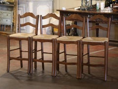 Vintage Country French Carved Walnut Ladder Back Counter Stools, Set of 4