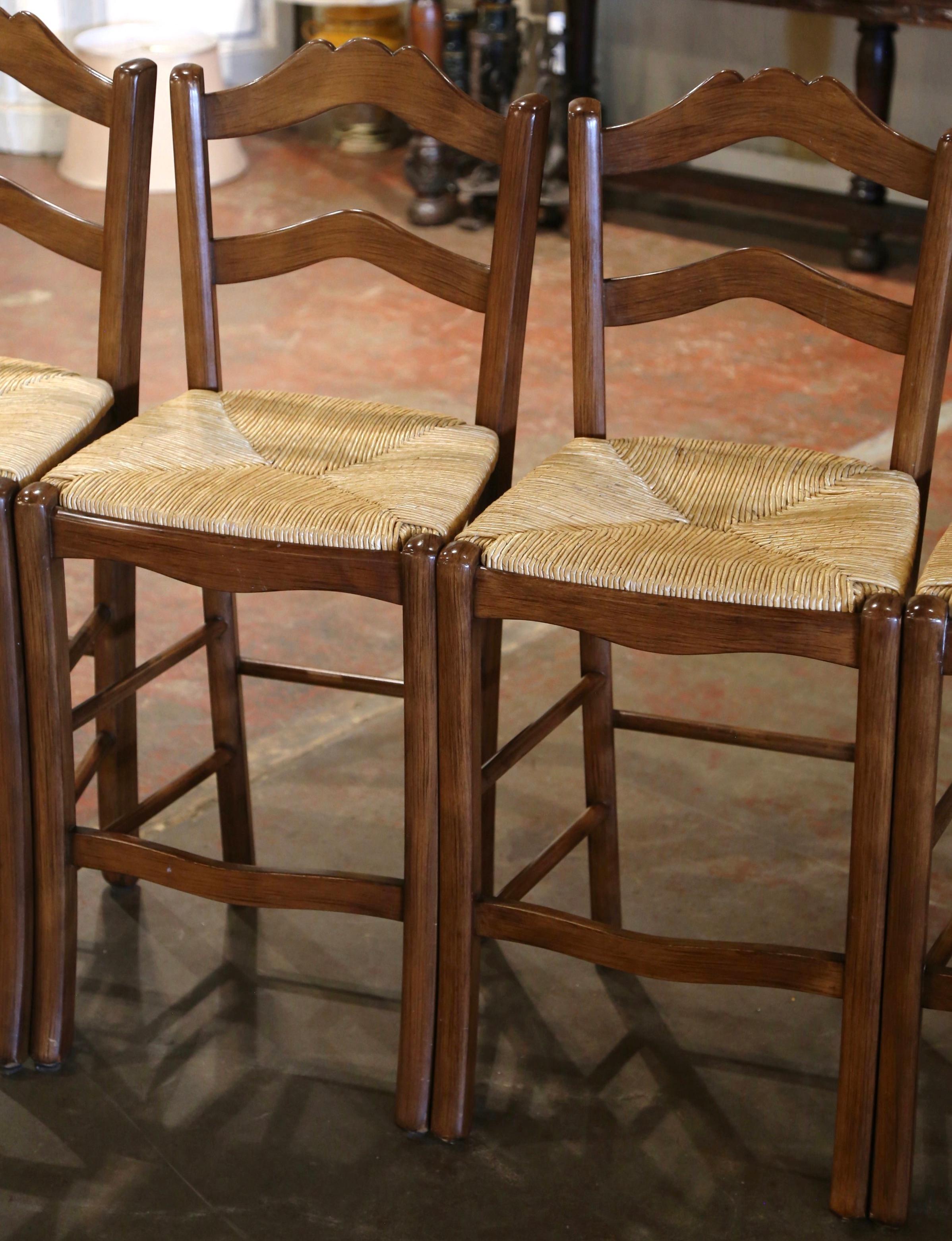 Hand-Carved Vintage Country French Carved Walnut Ladder Back Counter Stools, Set of 4