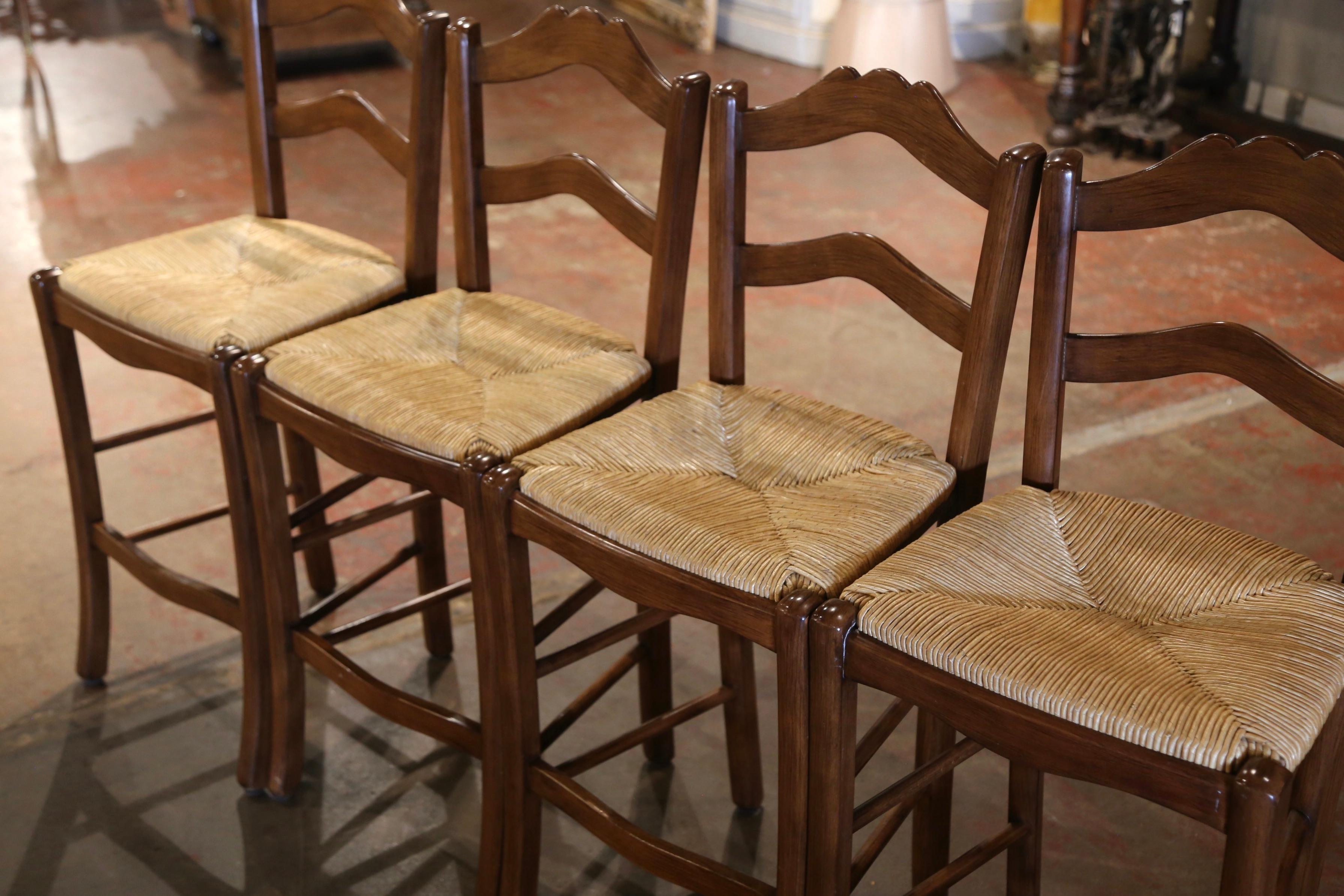 20th Century Vintage Country French Carved Walnut Ladder Back Counter Stools, Set of 4