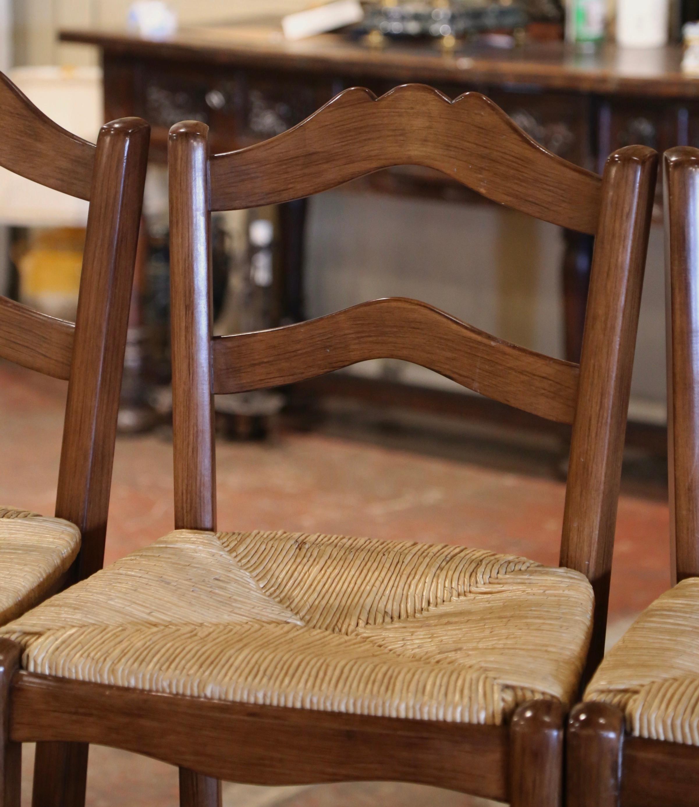 Rush Vintage Country French Carved Walnut Ladder Back Counter Stools, Set of 4