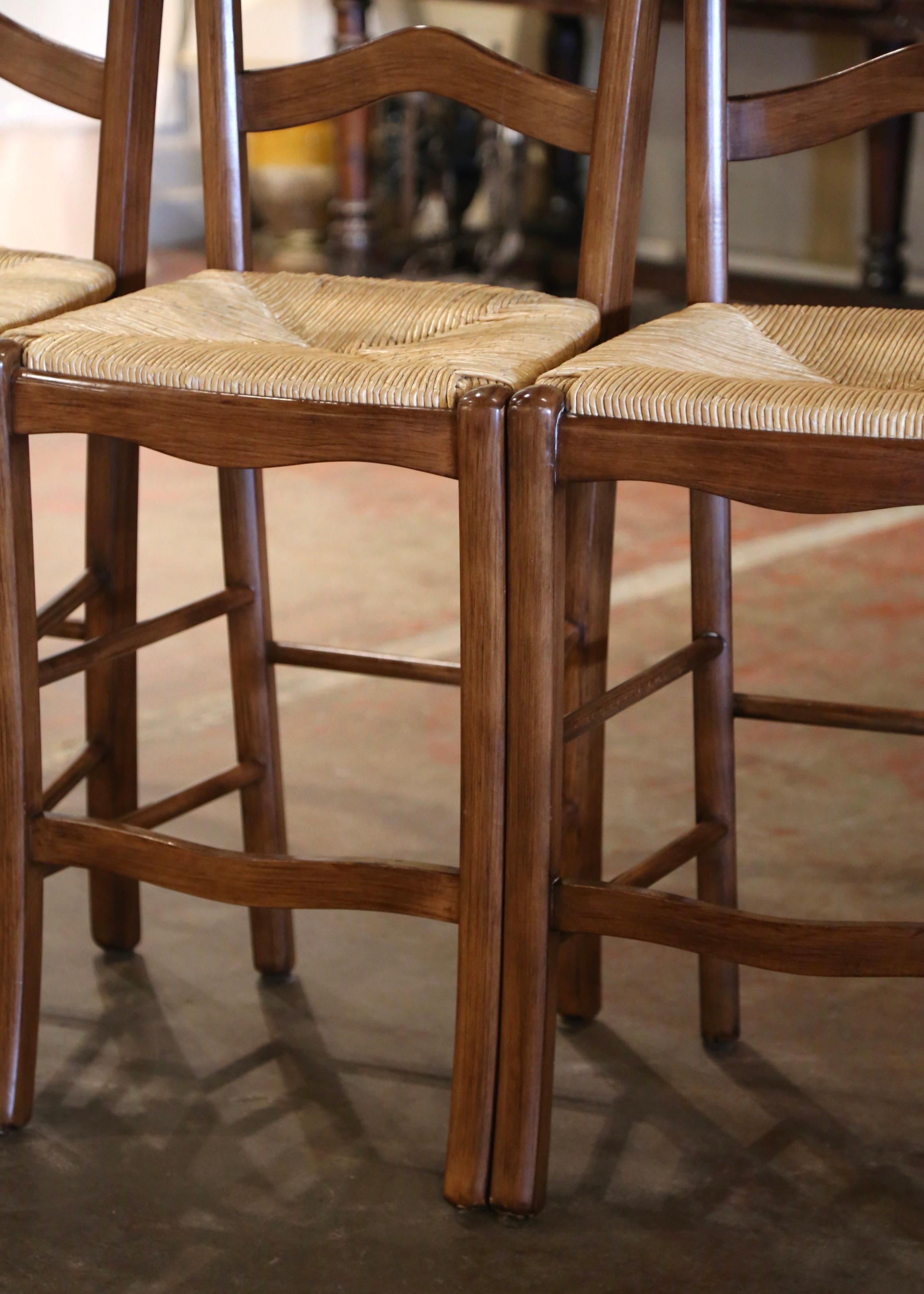 Vintage Country French Carved Walnut Ladder Back Counter Stools, Set of 4 1