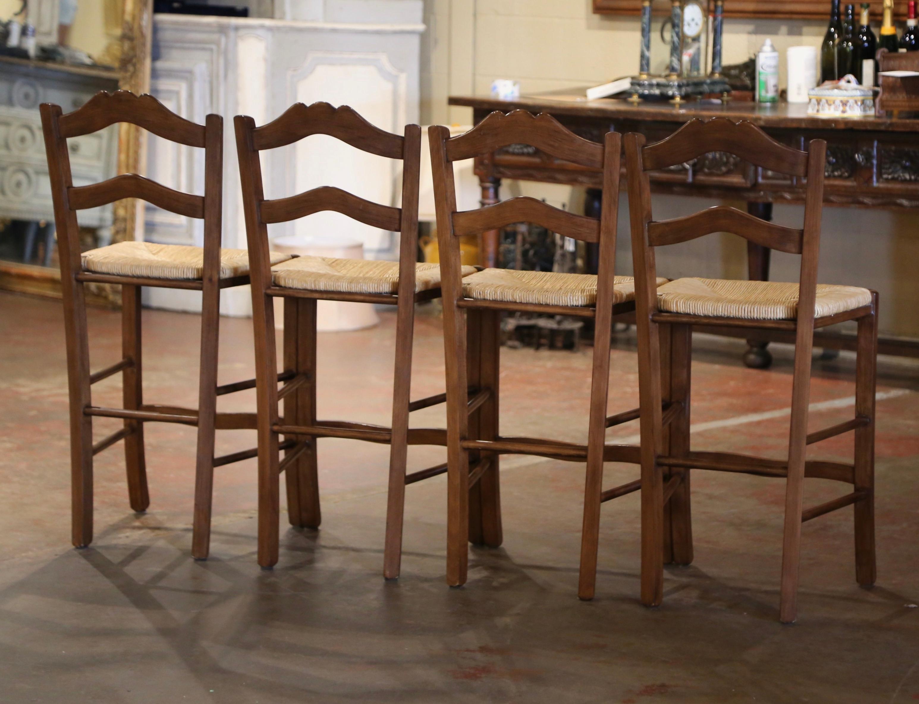 Vintage Country French Carved Walnut Ladder Back Counter Stools, Set of 4 2