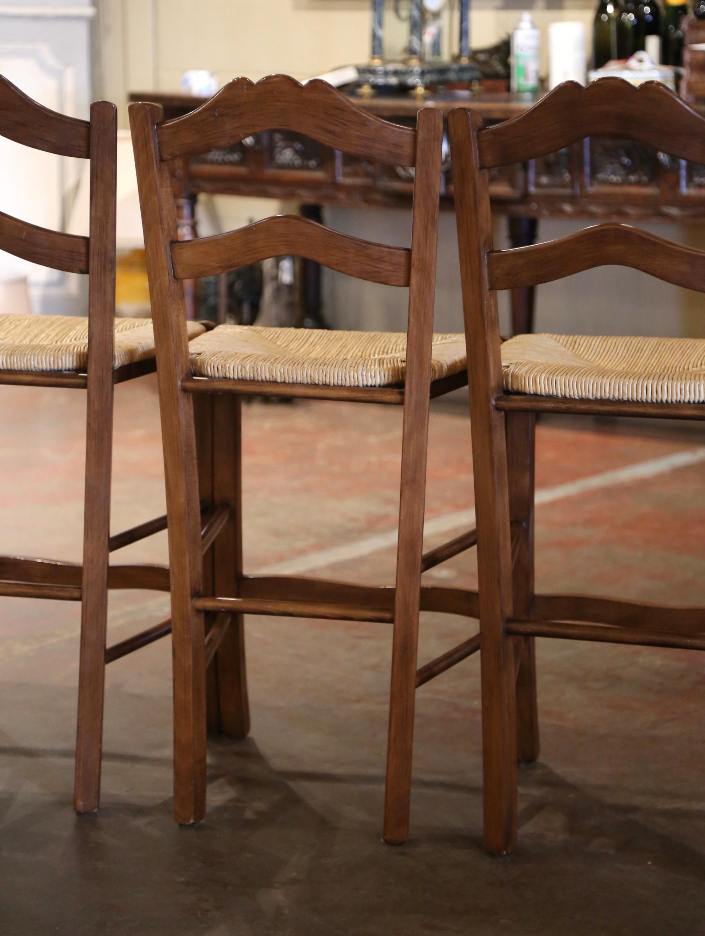 Vintage Country French Carved Walnut Ladder Back Counter Stools, Set of 4 3
