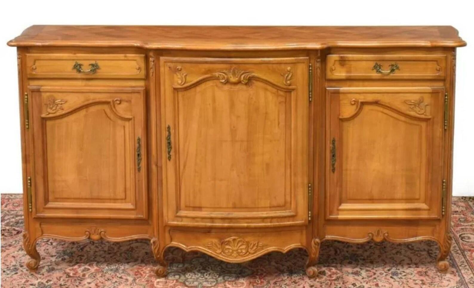 Parquetry Vintage Country French Louis XV Style Fruitwood Sideboard For Sale