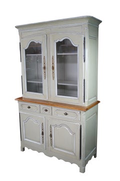 Vintage Country French Provincial Oak Buffet Deux Corps China Display Cabinet