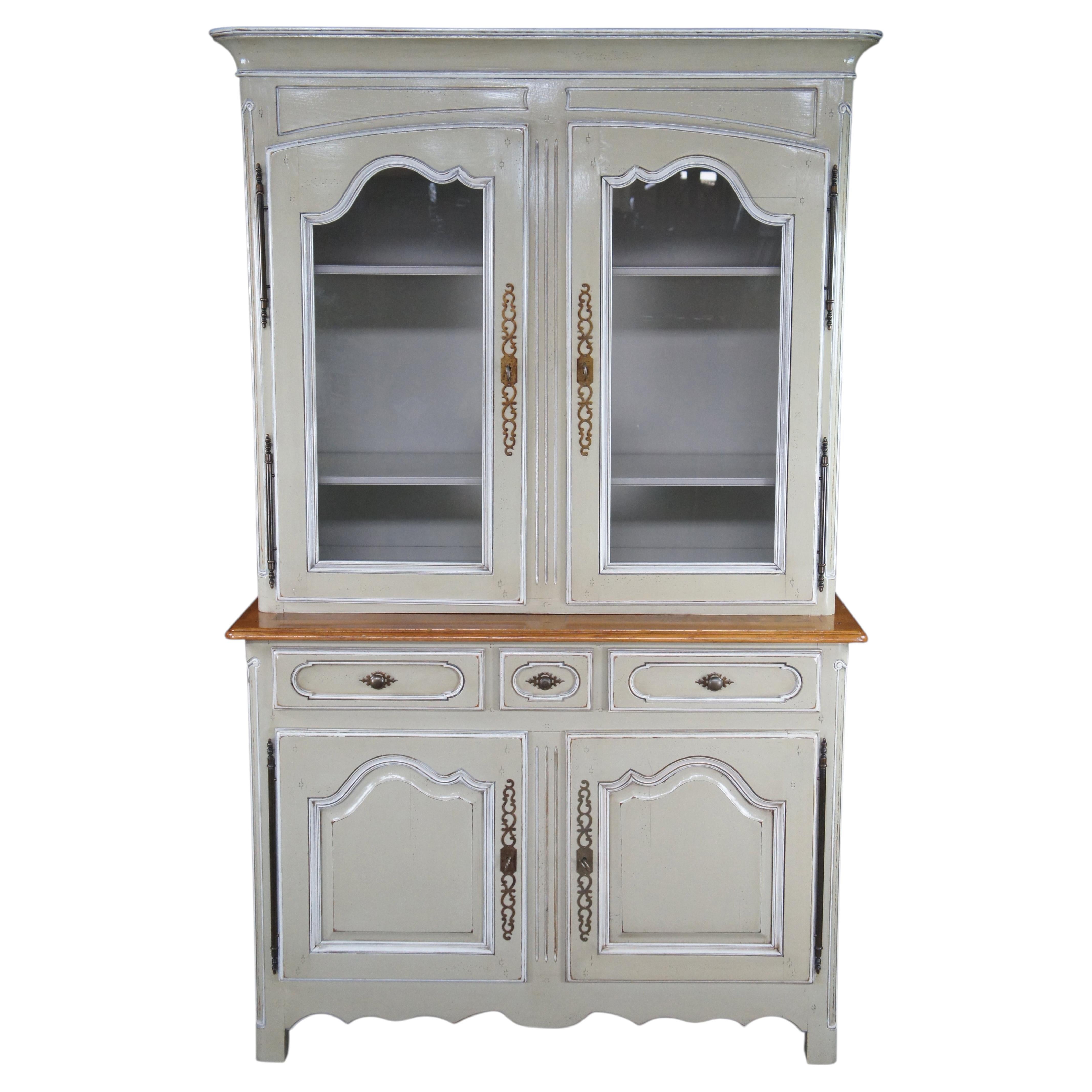 Vintage Country French Provincial Oak Buffet Deux Corps China Display Cabinet For Sale