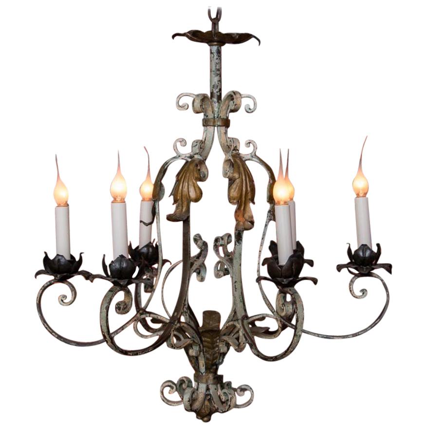 Vintage Country French Six-Light Iron Chandelier with Original Paint