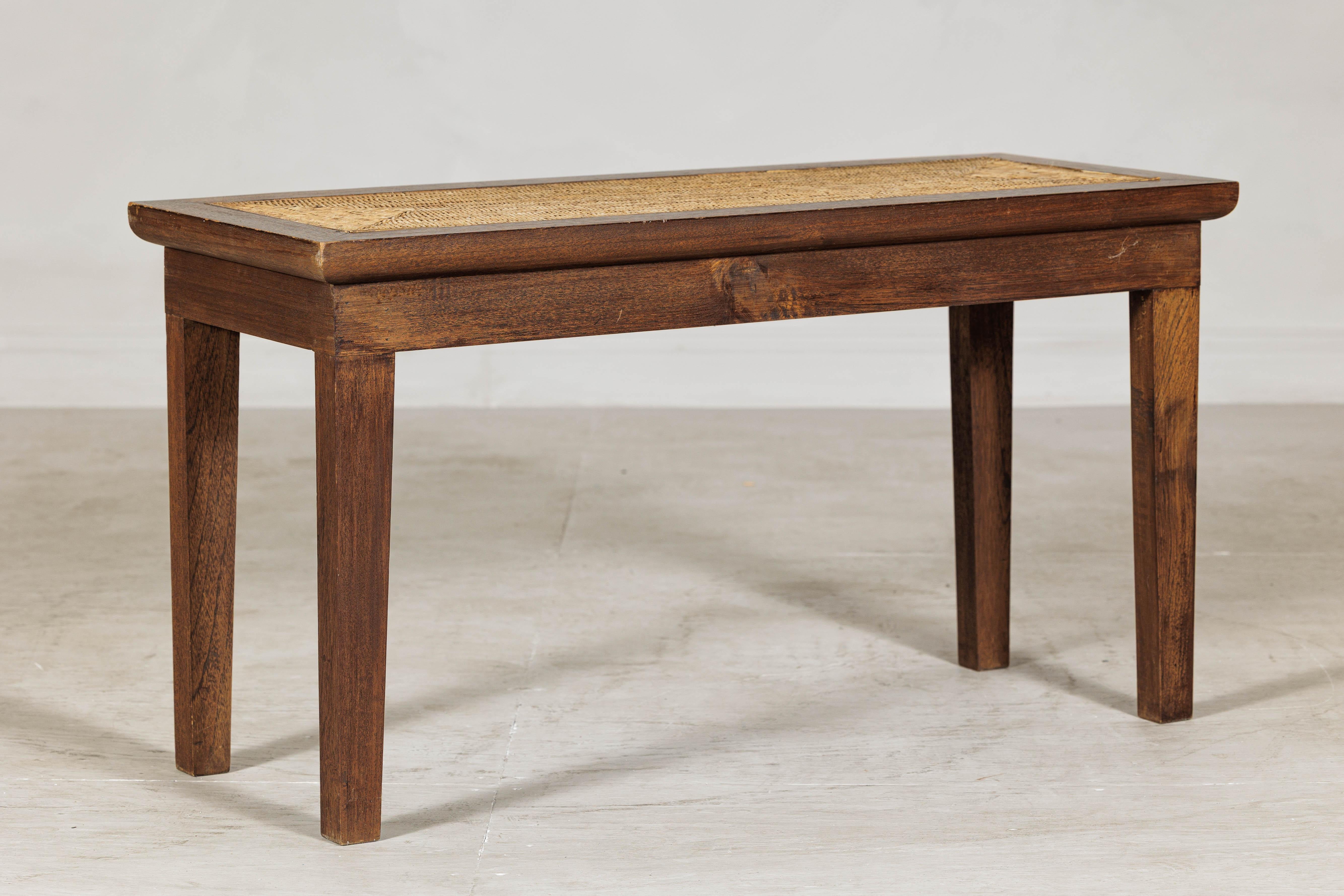 20th Century Vintage Country Style Asian Hardwood Bench with Hand-Woven Rattan Top For Sale