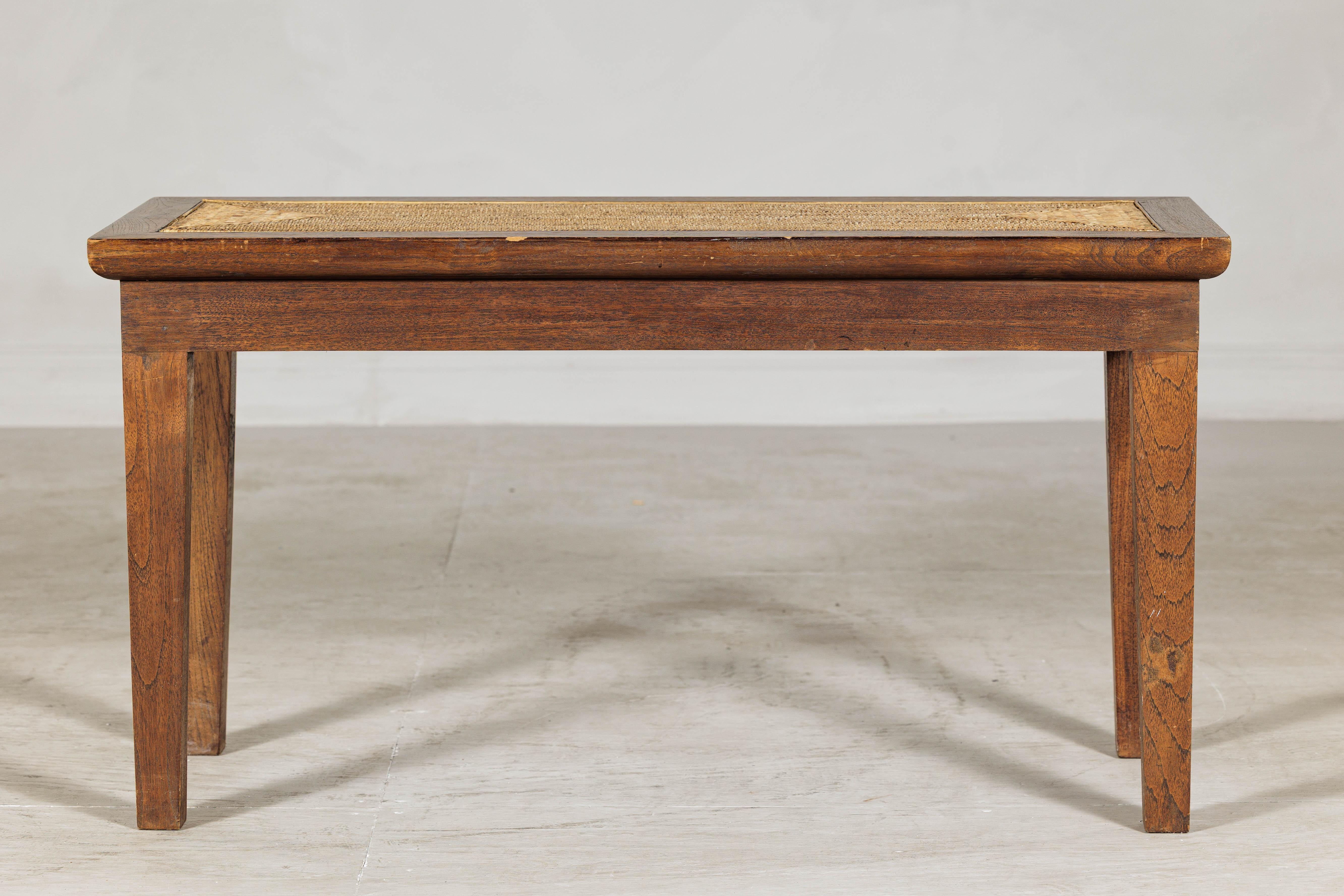 Vintage Country Style Asian Hardwood Bench with Hand-Woven Rattan Top For Sale 2