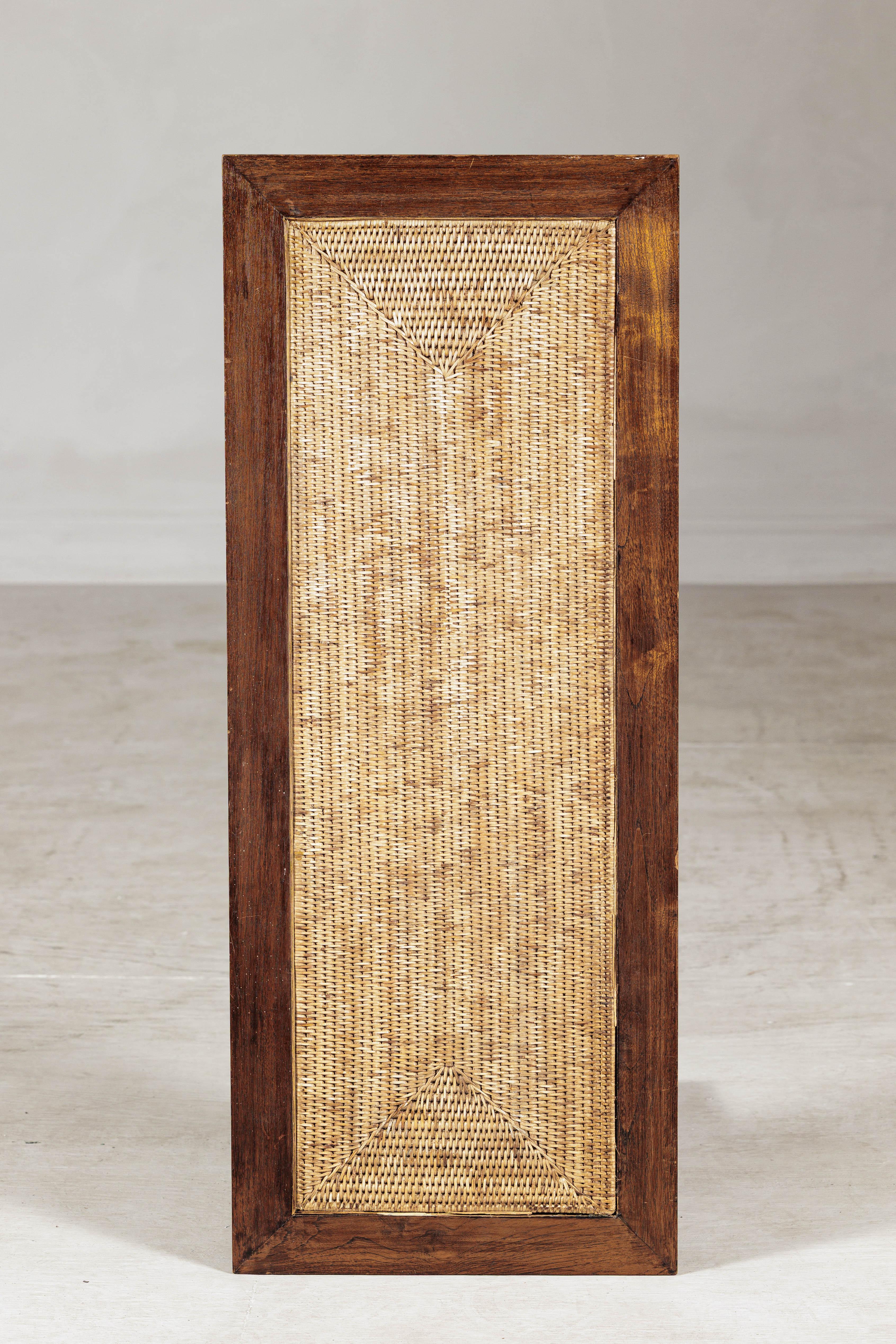 Vintage Country Style Asian Hardwood Bench with Hand-Woven Rattan Top For Sale 4