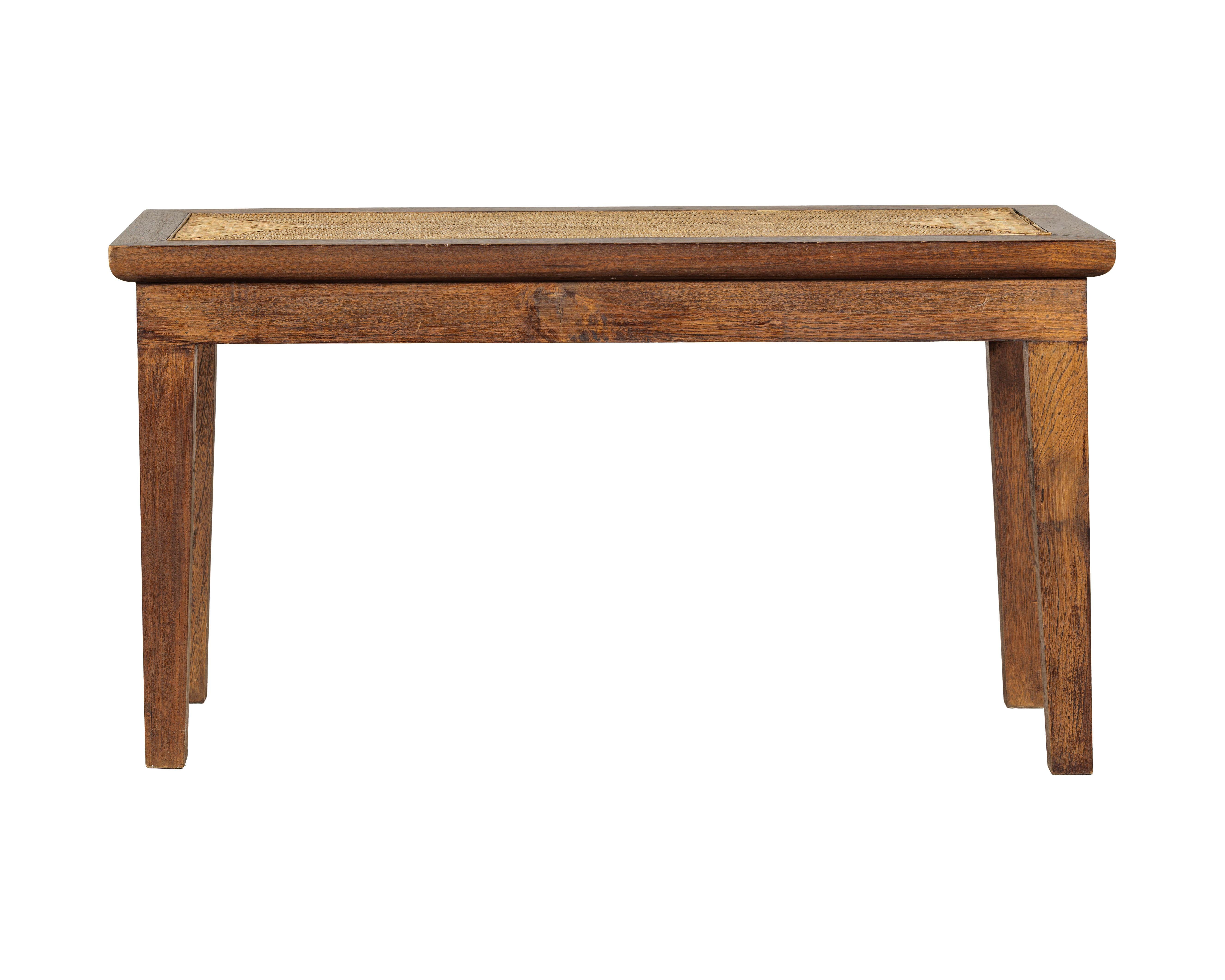 Vintage Country Style Asian Hardwood Bench with Hand-Woven Rattan Top For Sale 5