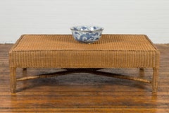 Vintage Country Style Burmese Rattan Coffee Table with X-Form Cross Stretcher