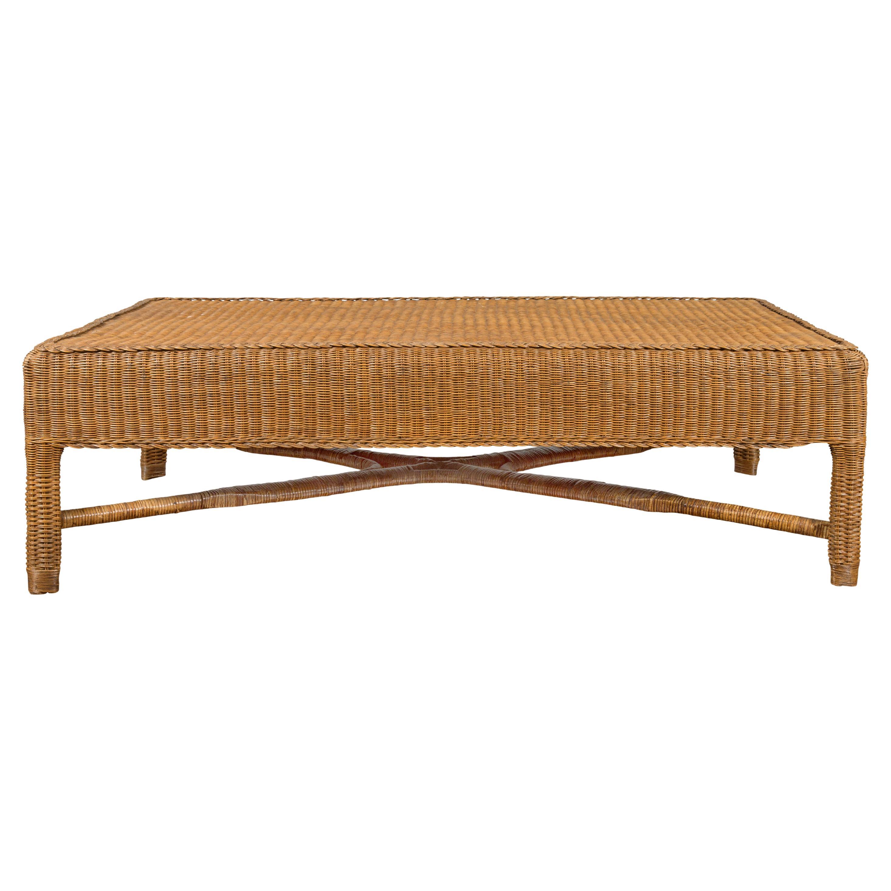 Vintage Country Style Burmese Rattan Coffee Table with X-Form Cross Stretcher