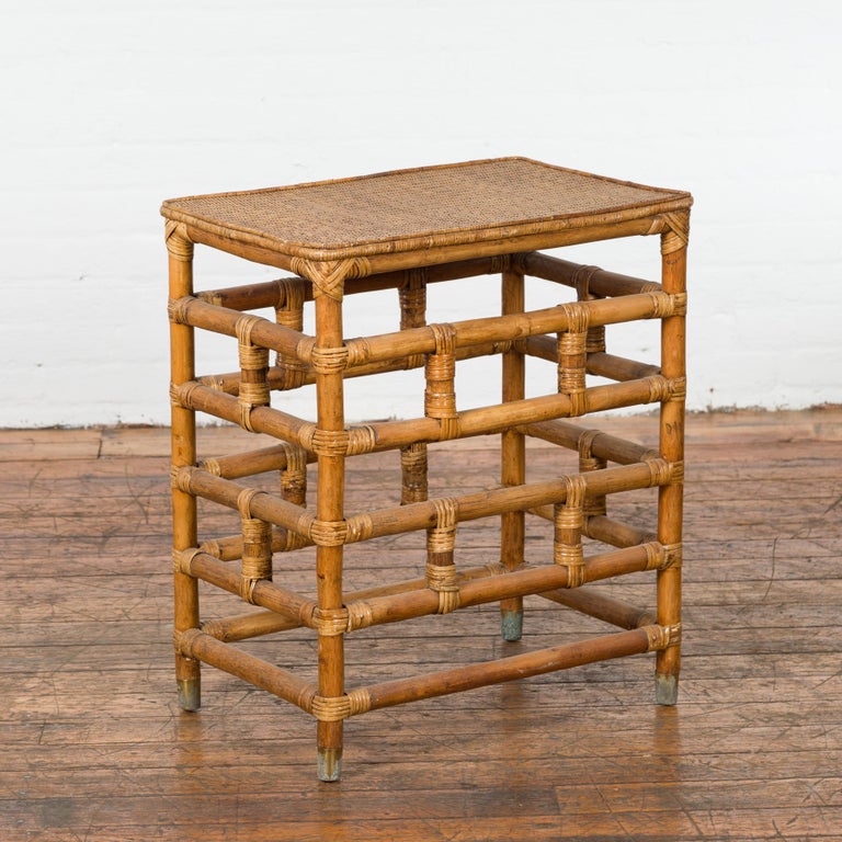 Vintage Country Style Burmese Table with Rattan Top and Geometric Bamboo Base For Sale 4