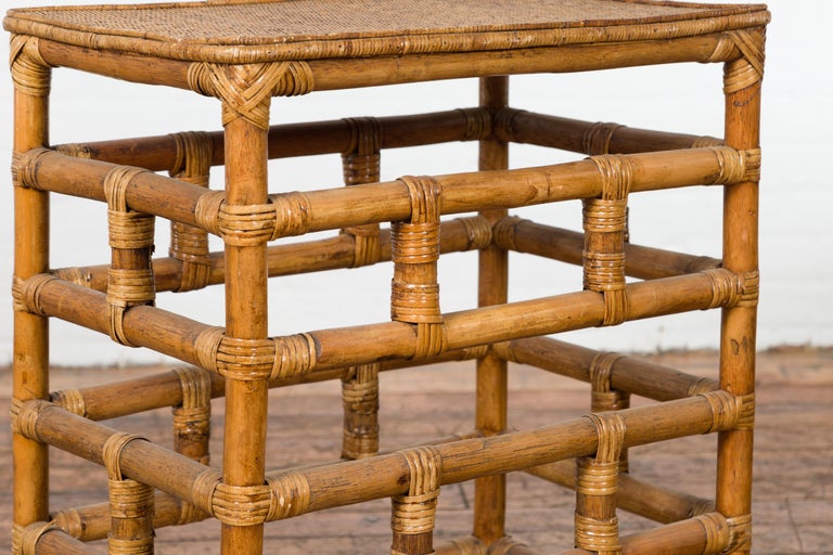 Vintage Country Style Burmese Table with Rattan Top and Geometric Bamboo Base For Sale 5