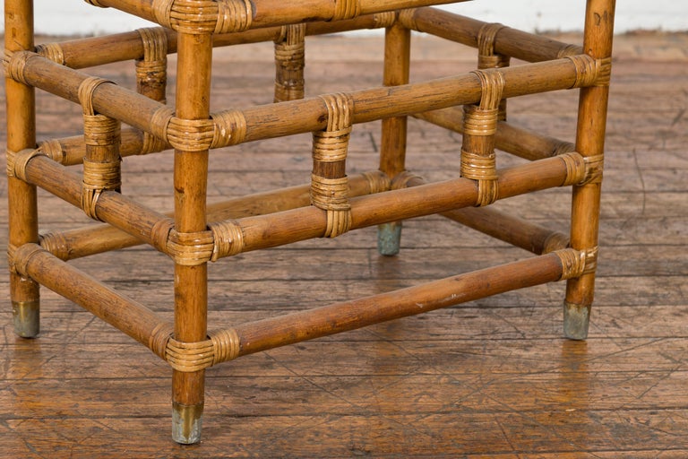 Vintage Country Style Burmese Table with Rattan Top and Geometric Bamboo Base For Sale 6