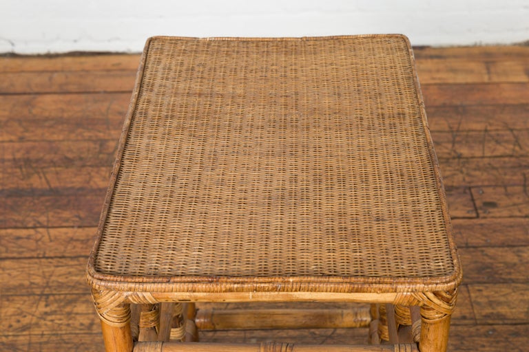 Vintage Country Style Burmese Table with Rattan Top and Geometric Bamboo Base For Sale 9