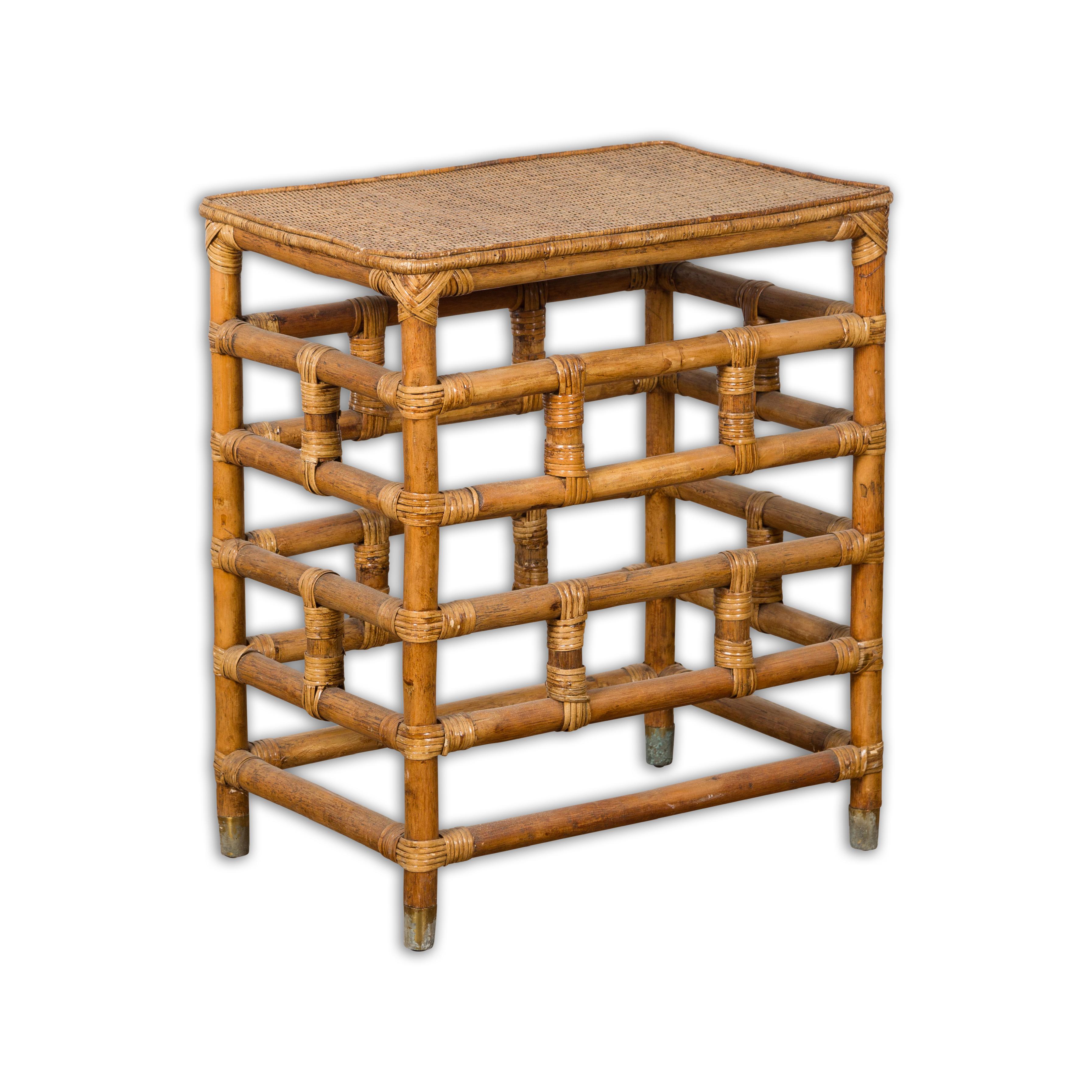 Vintage Country Style Burmese Table with Rattan Top and Geometric Bamboo Base For Sale 11