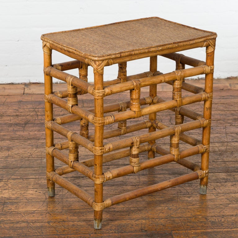 Patinated Vintage Country Style Burmese Table with Rattan Top and Geometric Bamboo Base For Sale
