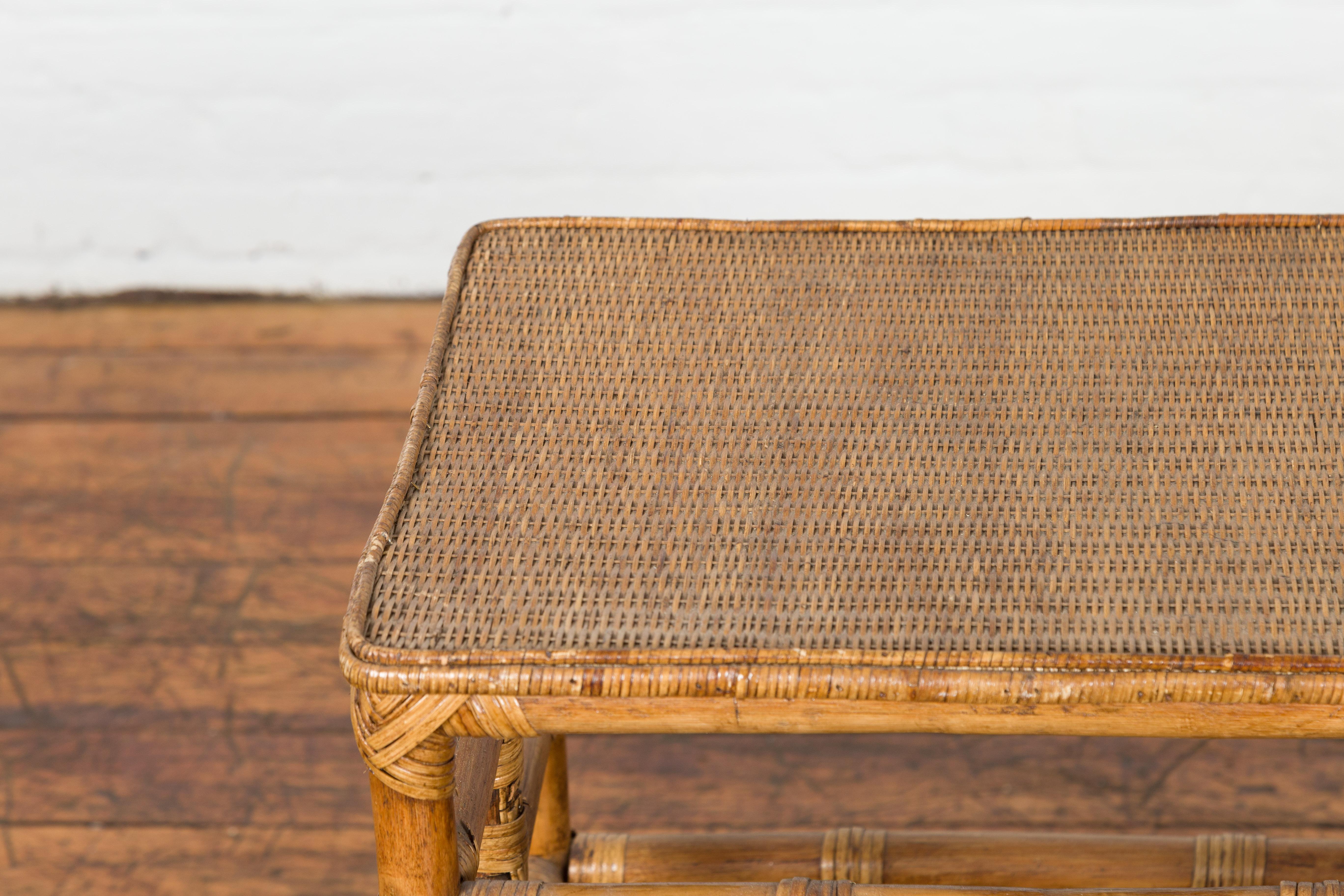 Vintage Country Style Burmese Table with Rattan Top and Geometric Bamboo Base For Sale 2