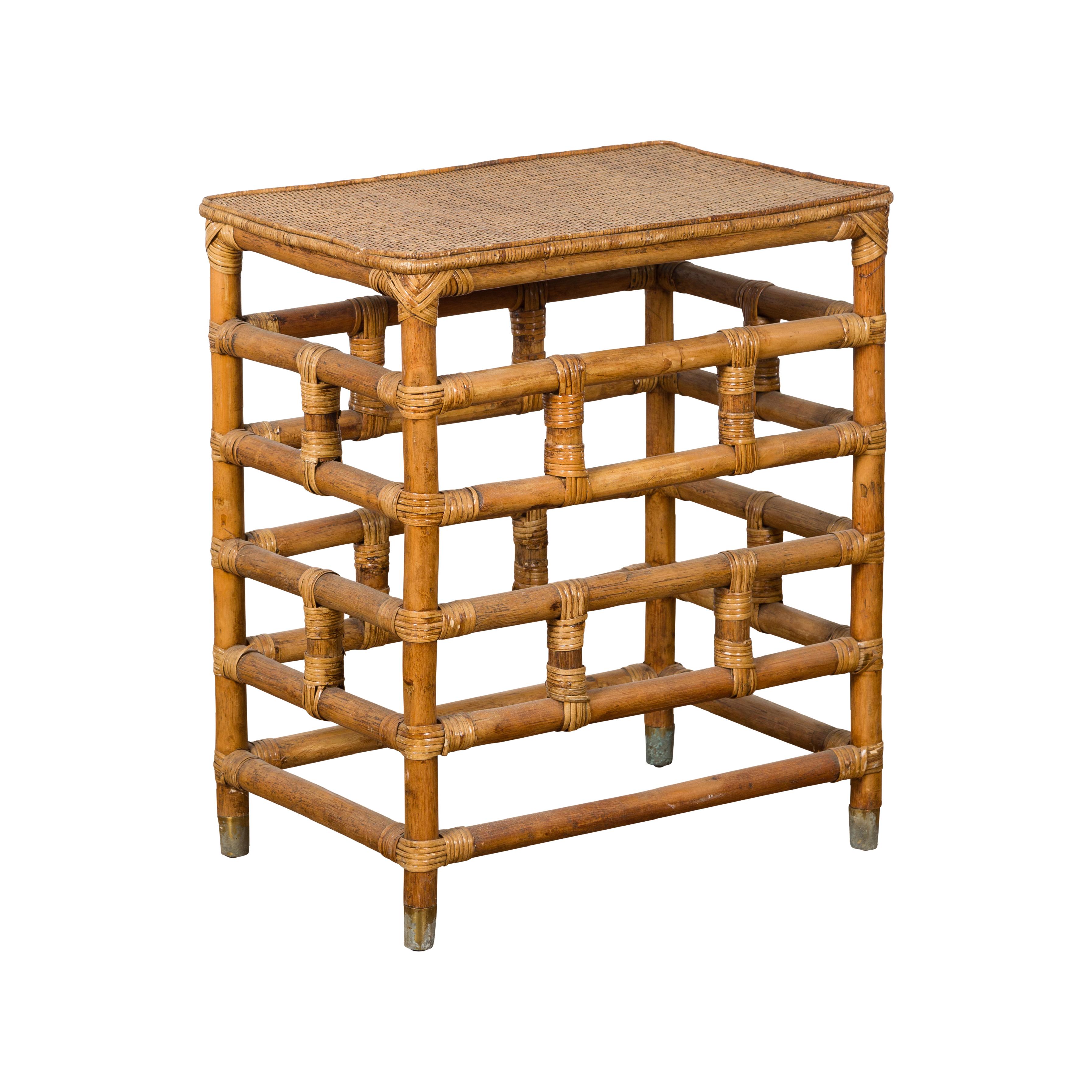 Vintage Country Style Burmese Table with Rattan Top and Geometric Bamboo Base