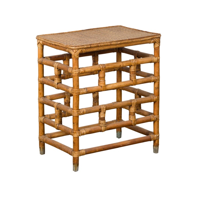 Vintage Country Style Burmese Table with Rattan Top and Geometric Bamboo Base For Sale