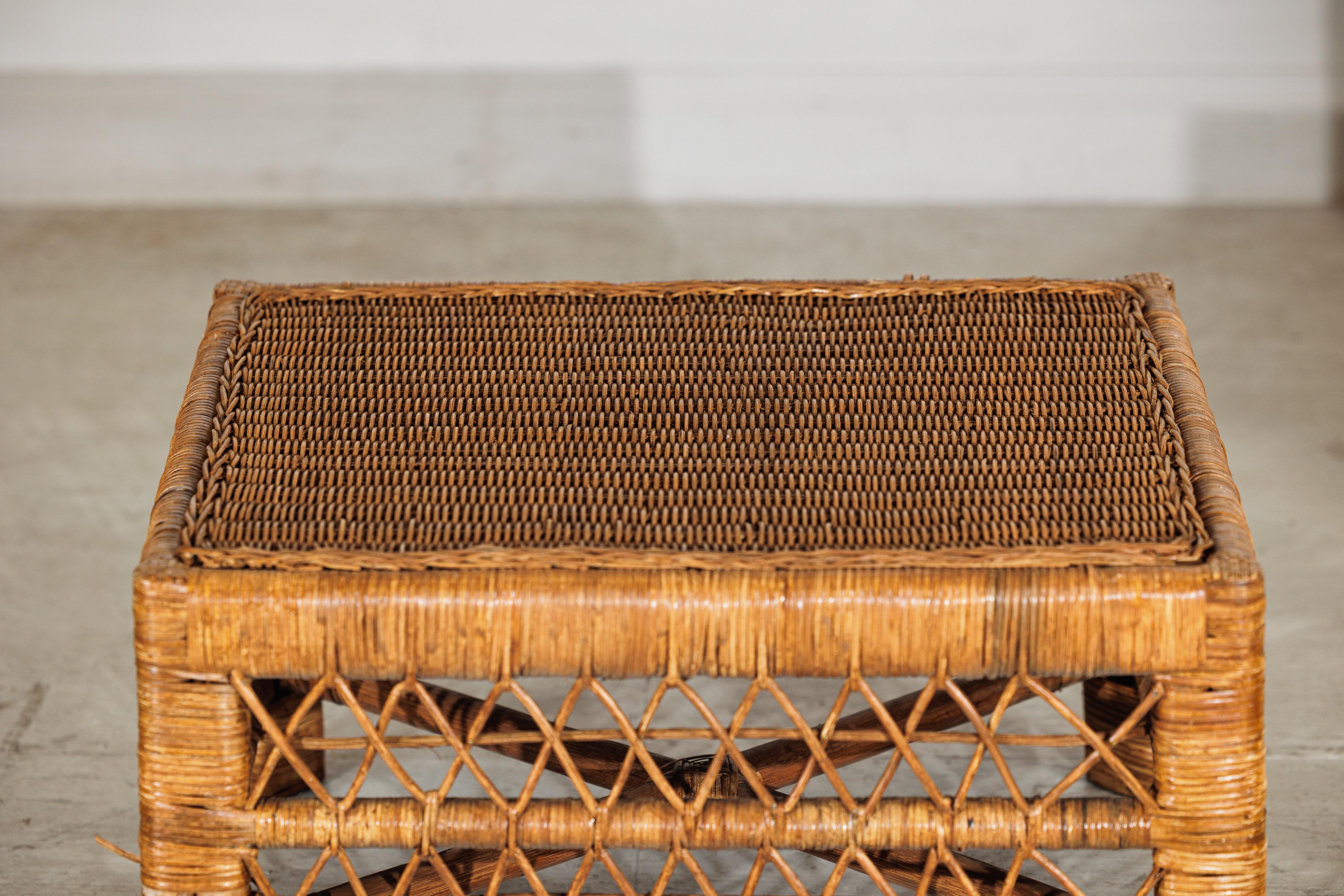 Vintage Country Style Low Rectangular Rattan Coffee Table with Lattice Base For Sale 5