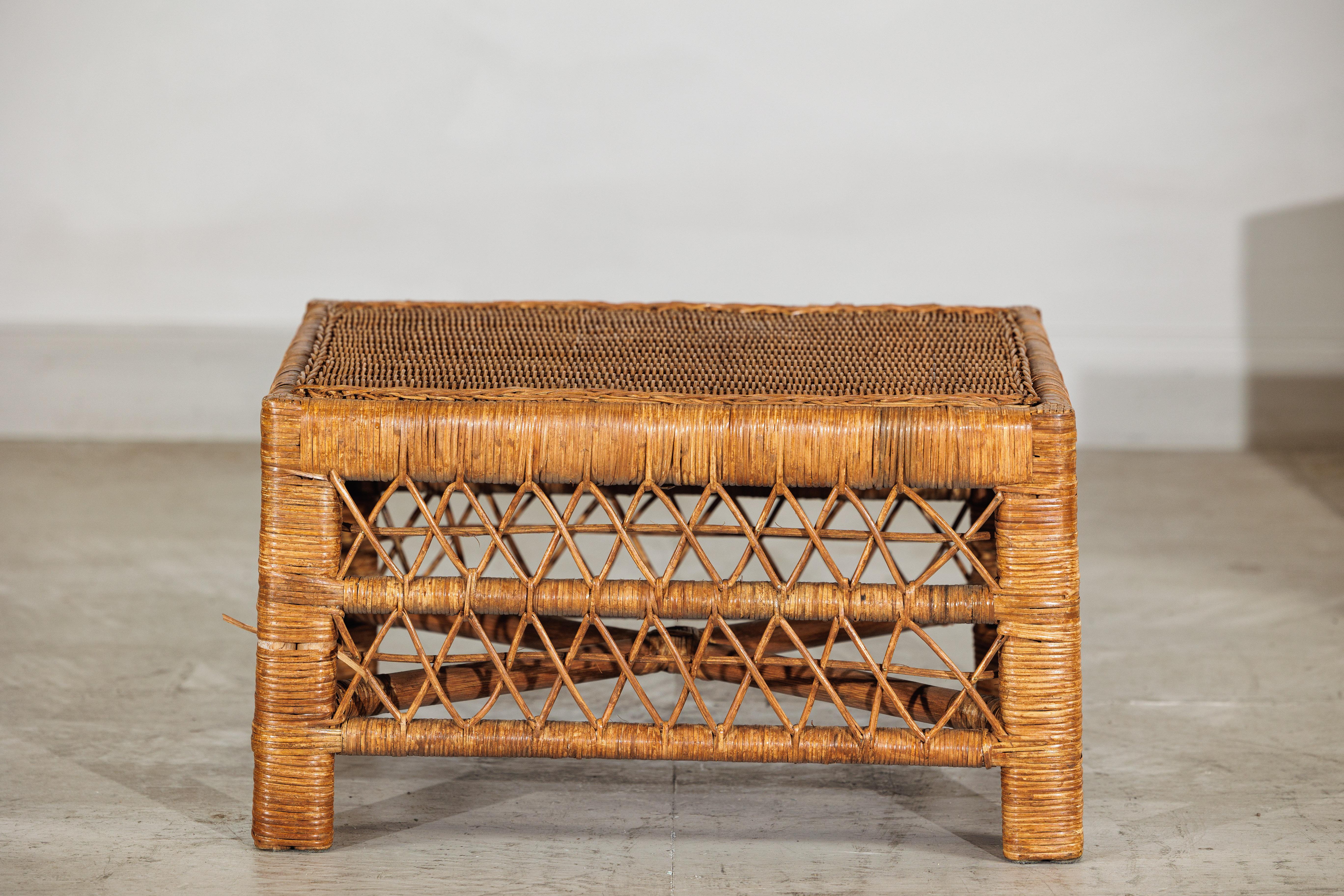 Vintage Country Style Low Rectangular Rattan Coffee Table with Lattice Base For Sale 6
