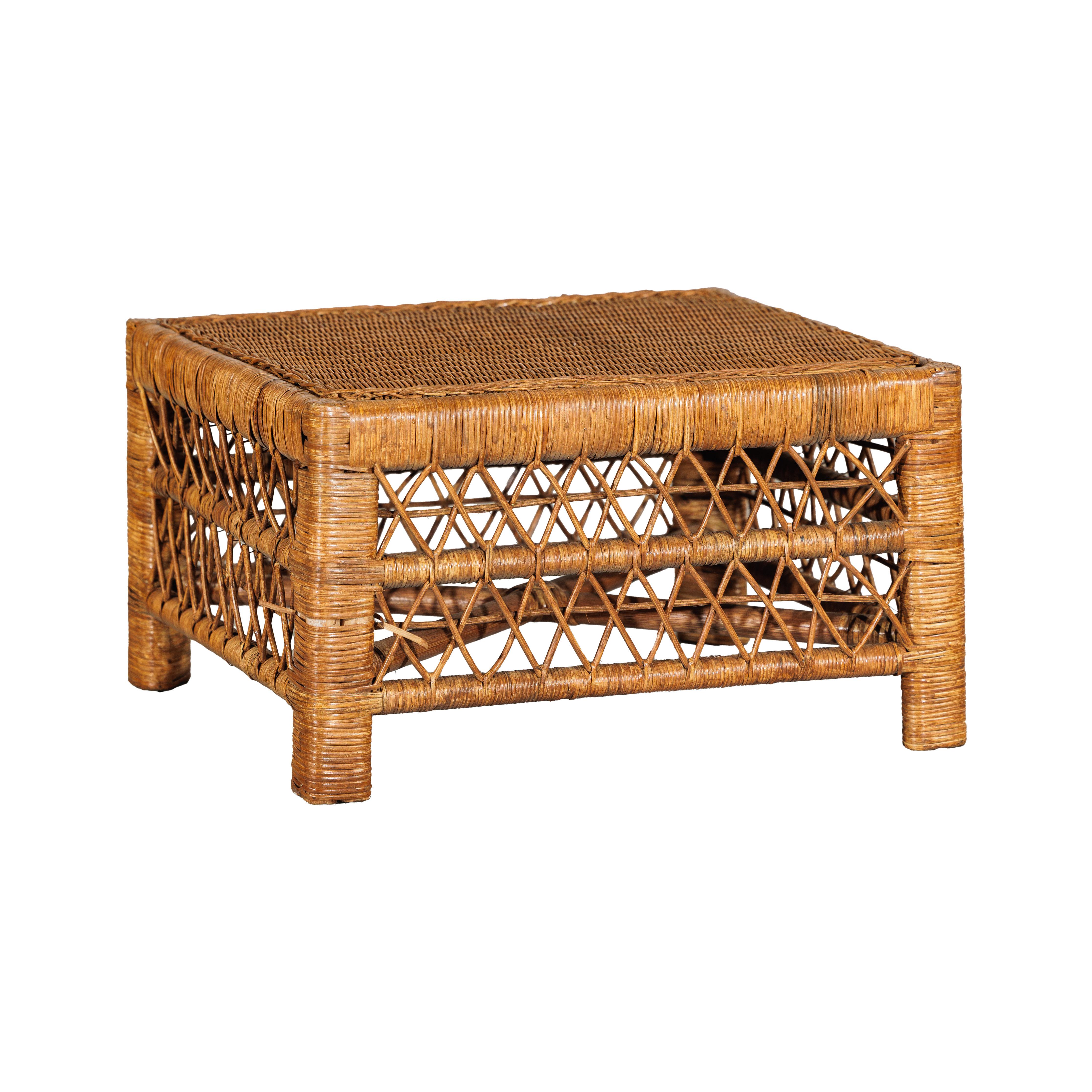 Vintage Country Style Low Rectangular Rattan Coffee Table with Lattice Base For Sale 7