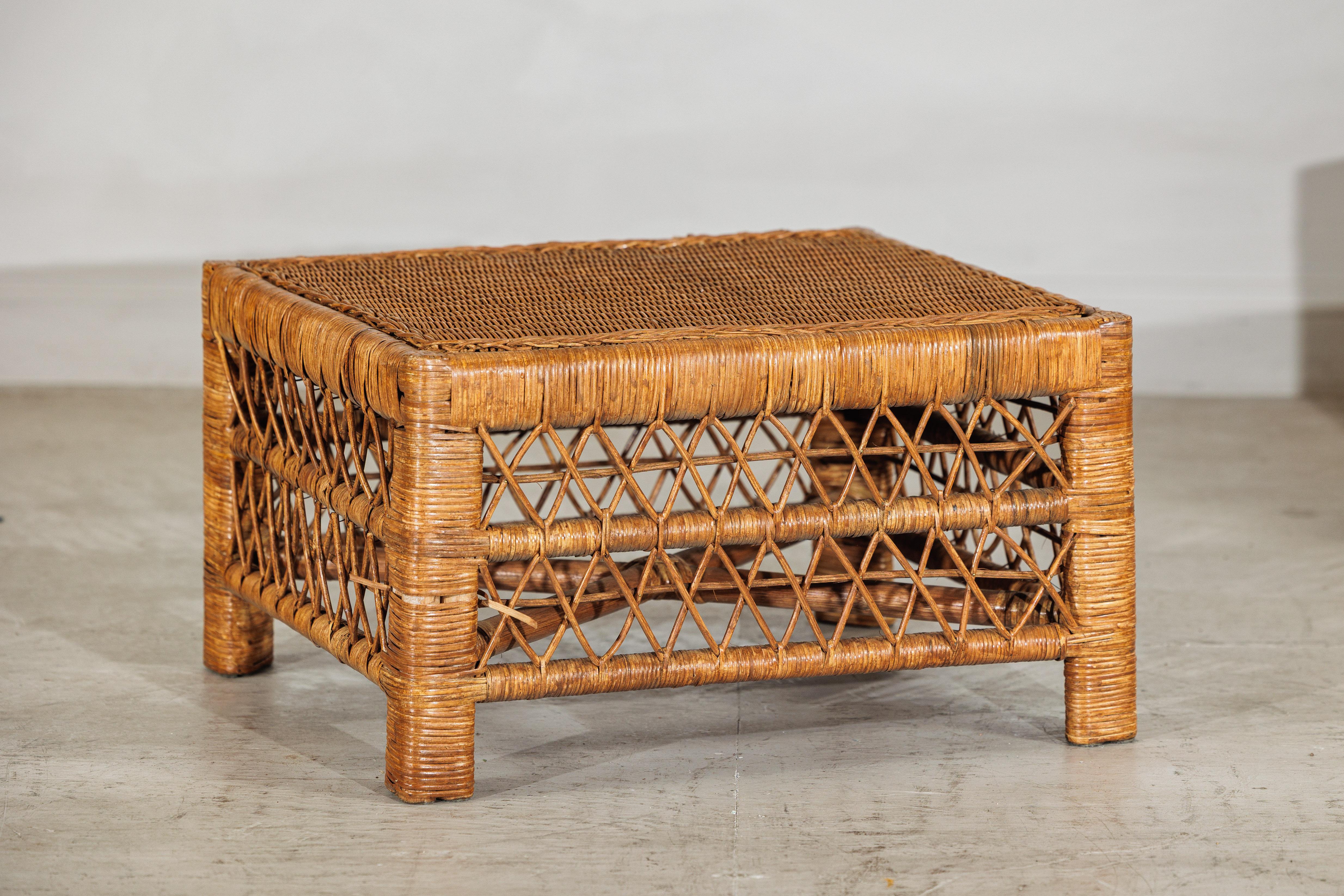 Hand-Woven Vintage Country Style Low Rectangular Rattan Coffee Table with Lattice Base For Sale