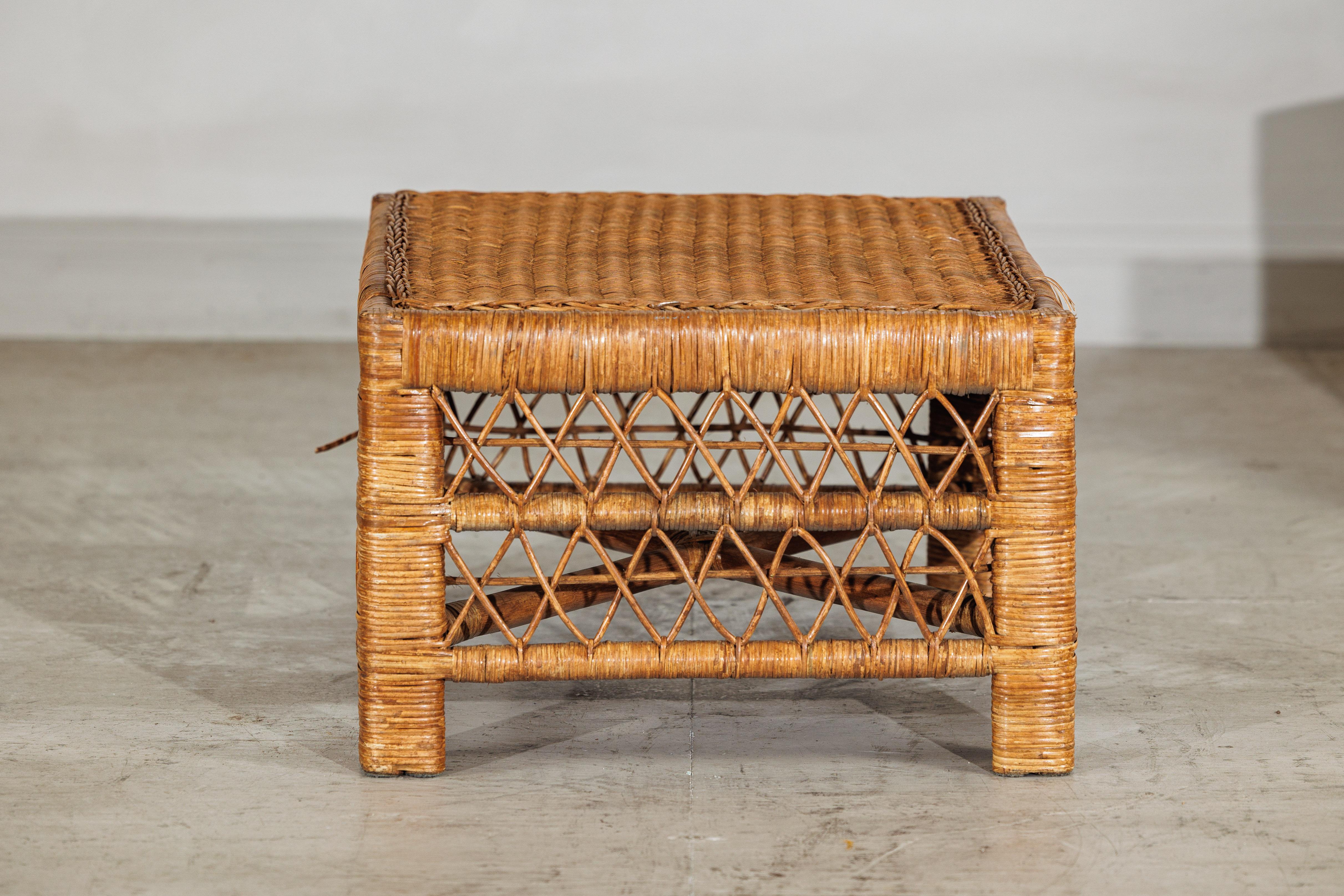 Vintage Country Style Low Rectangular Rattan Coffee Table with Lattice Base For Sale 1