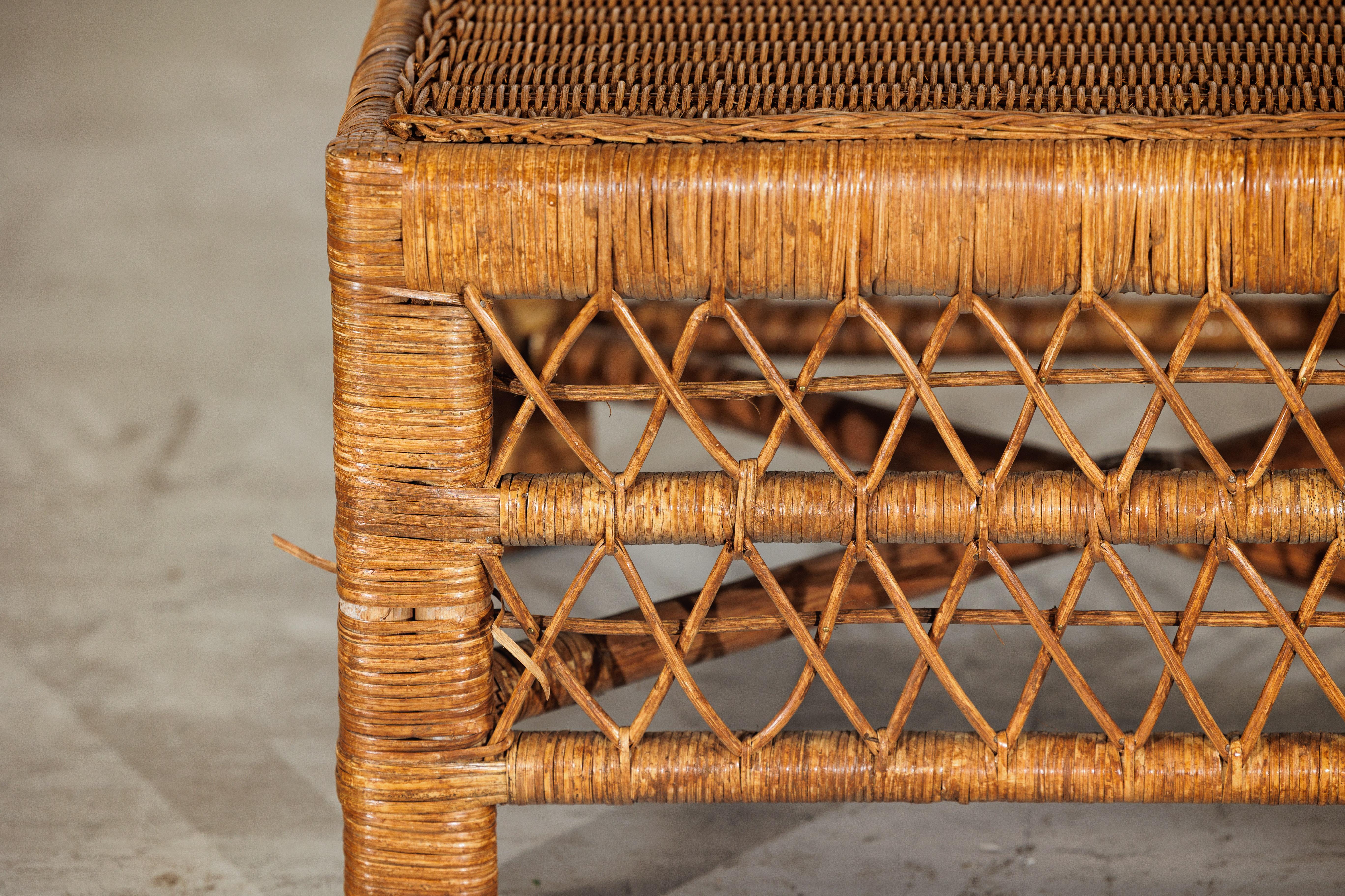 Vintage Country Style Low Rectangular Rattan Coffee Table with Lattice Base For Sale 3