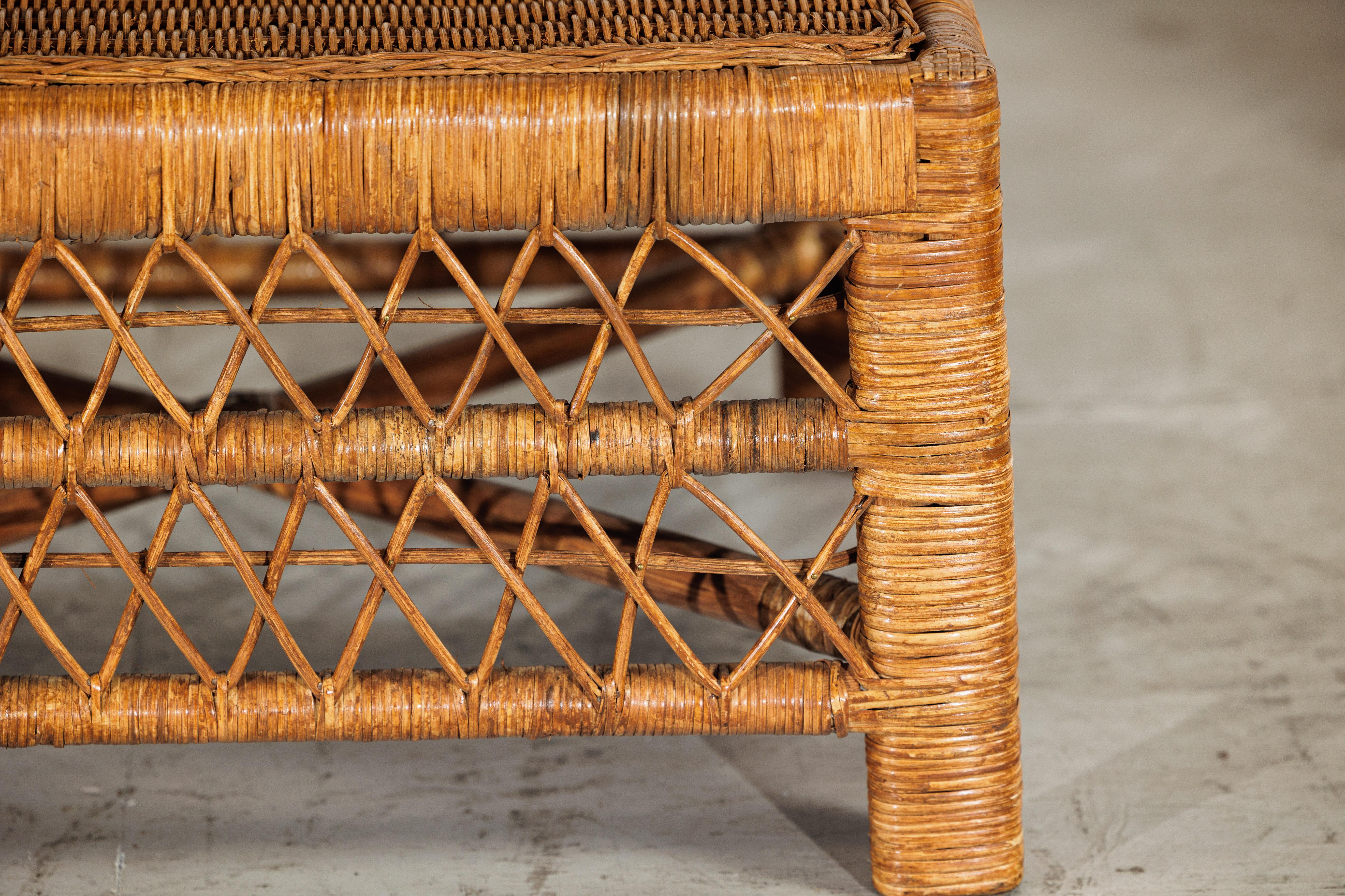 Vintage Country Style Low Rectangular Rattan Coffee Table with Lattice Base For Sale 4