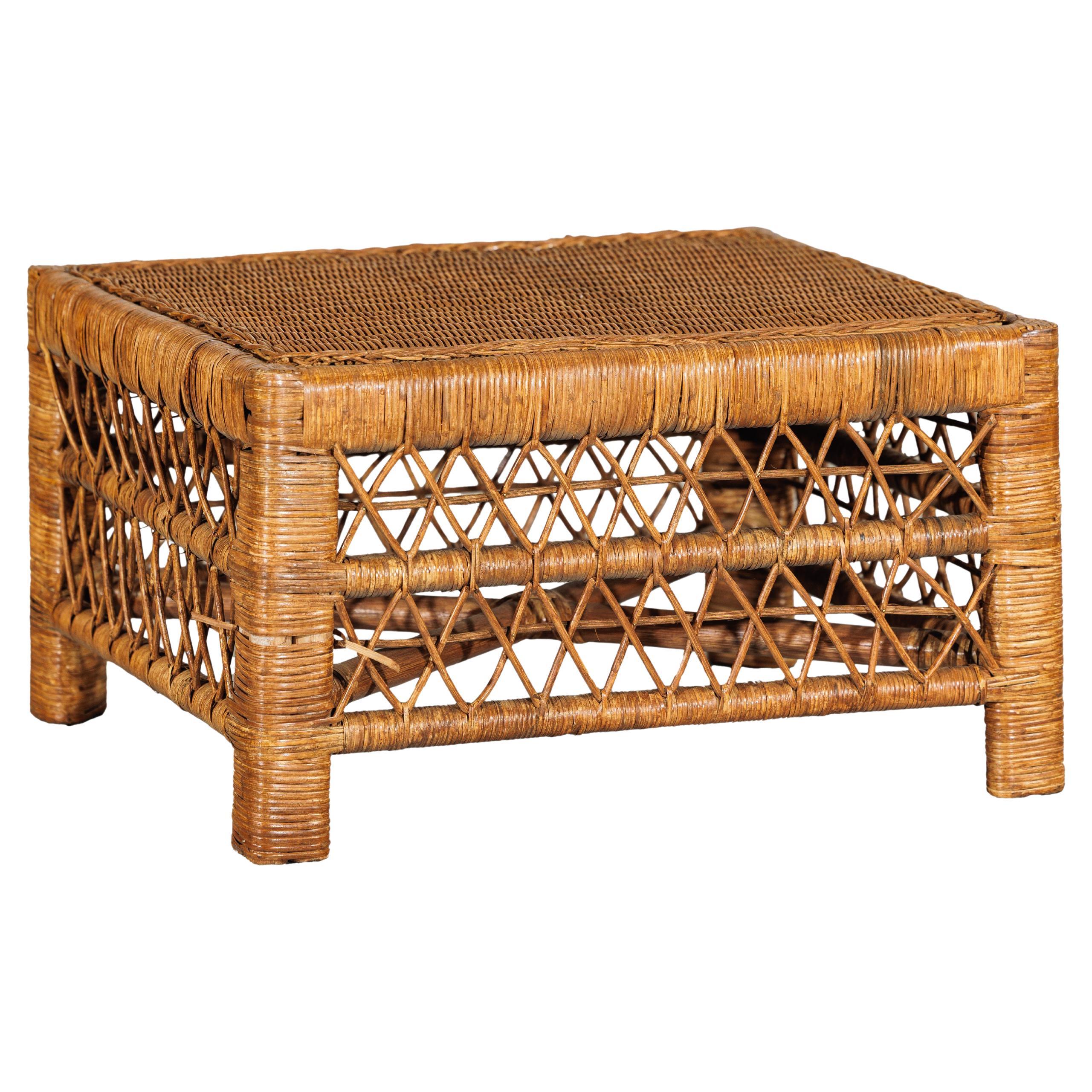 Vintage Country Style Low Rectangular Rattan Coffee Table with Lattice Base For Sale