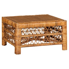 Vintage Country Style Low Rectangular Rattan Coffee Table with Lattice Base