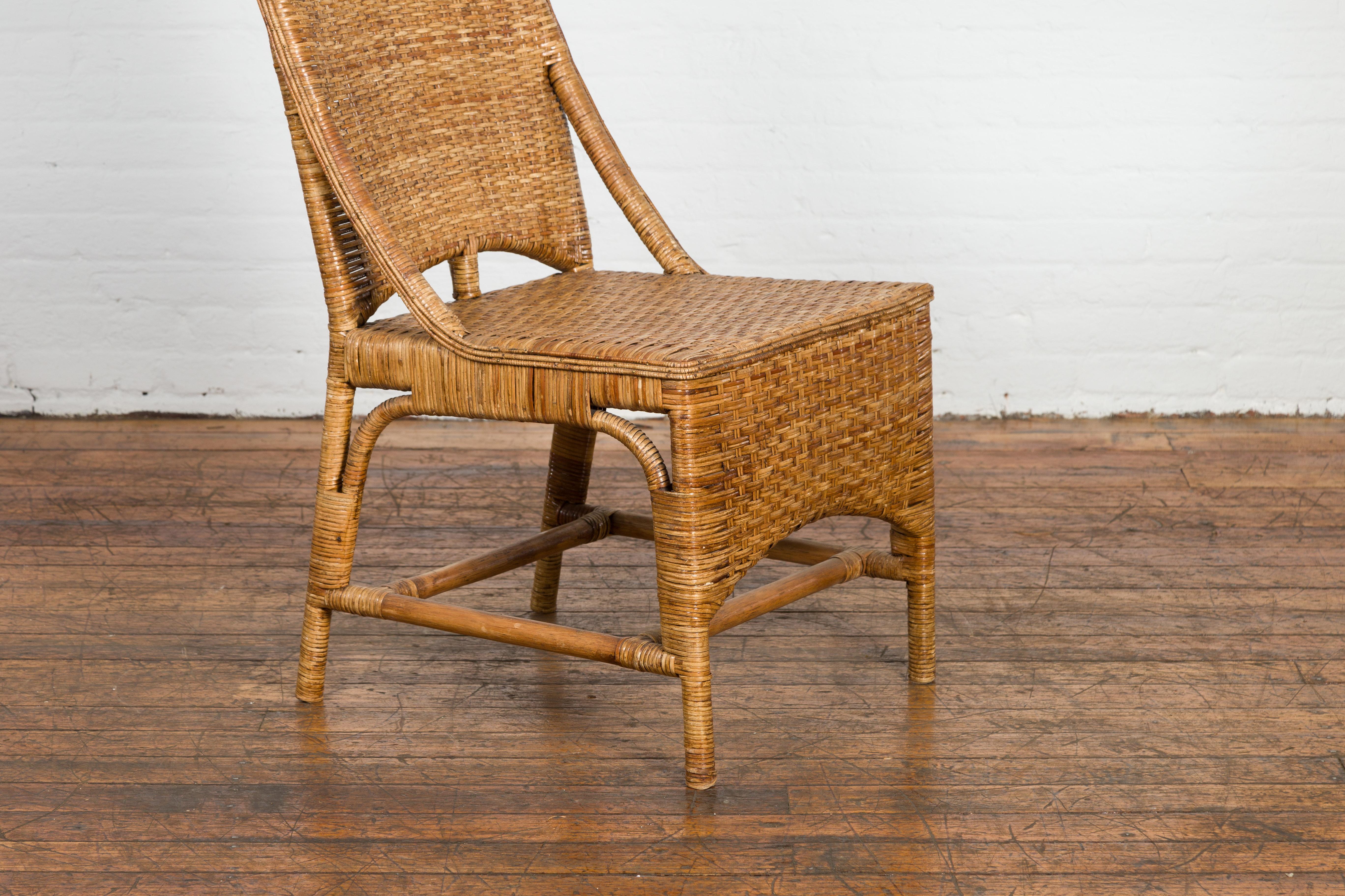 Vintage Rattan Chair with Slanted Back & Long Front Skir For Sale 4