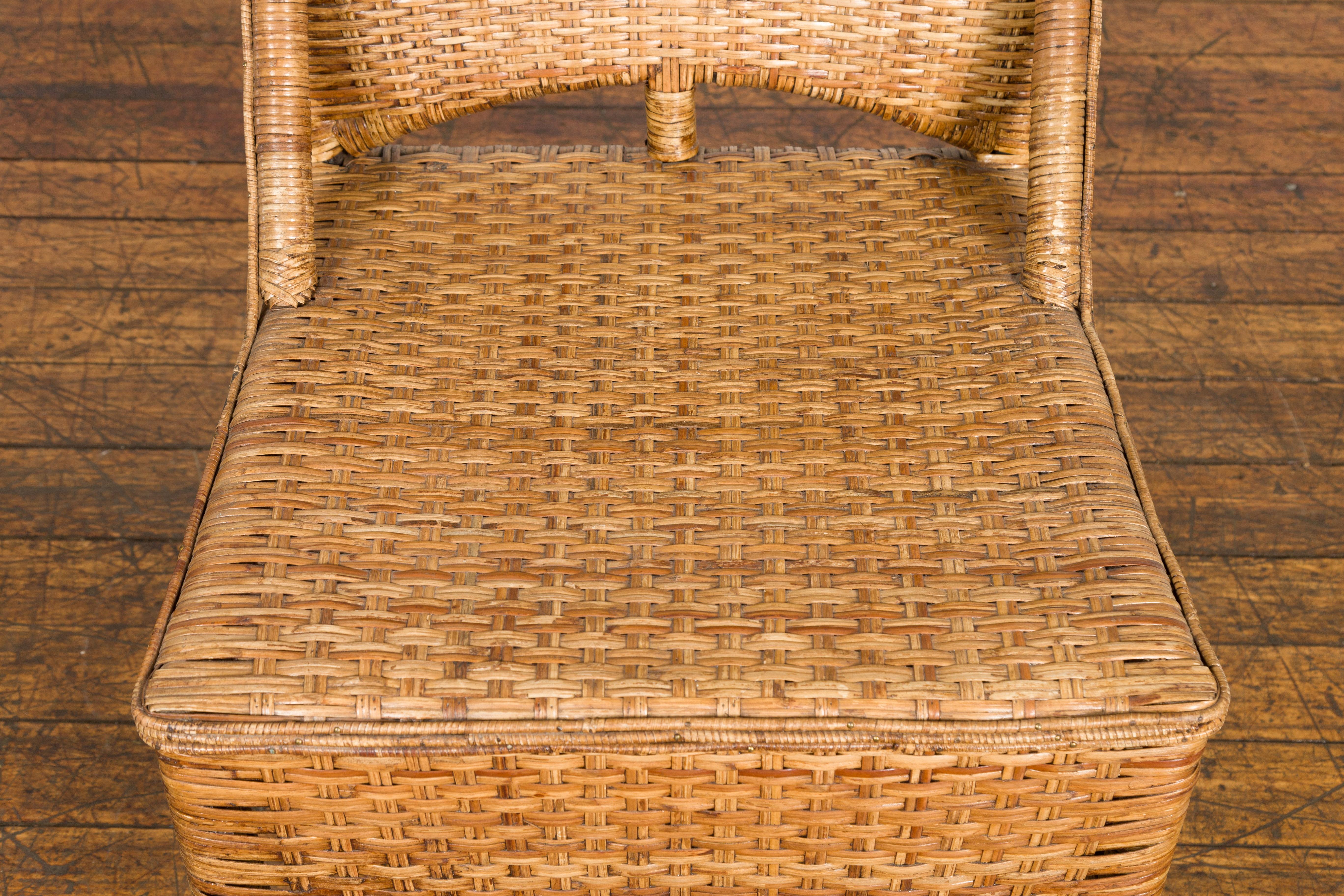 Woven Vintage Rattan Chair with Slanted Back & Long Front Skir For Sale