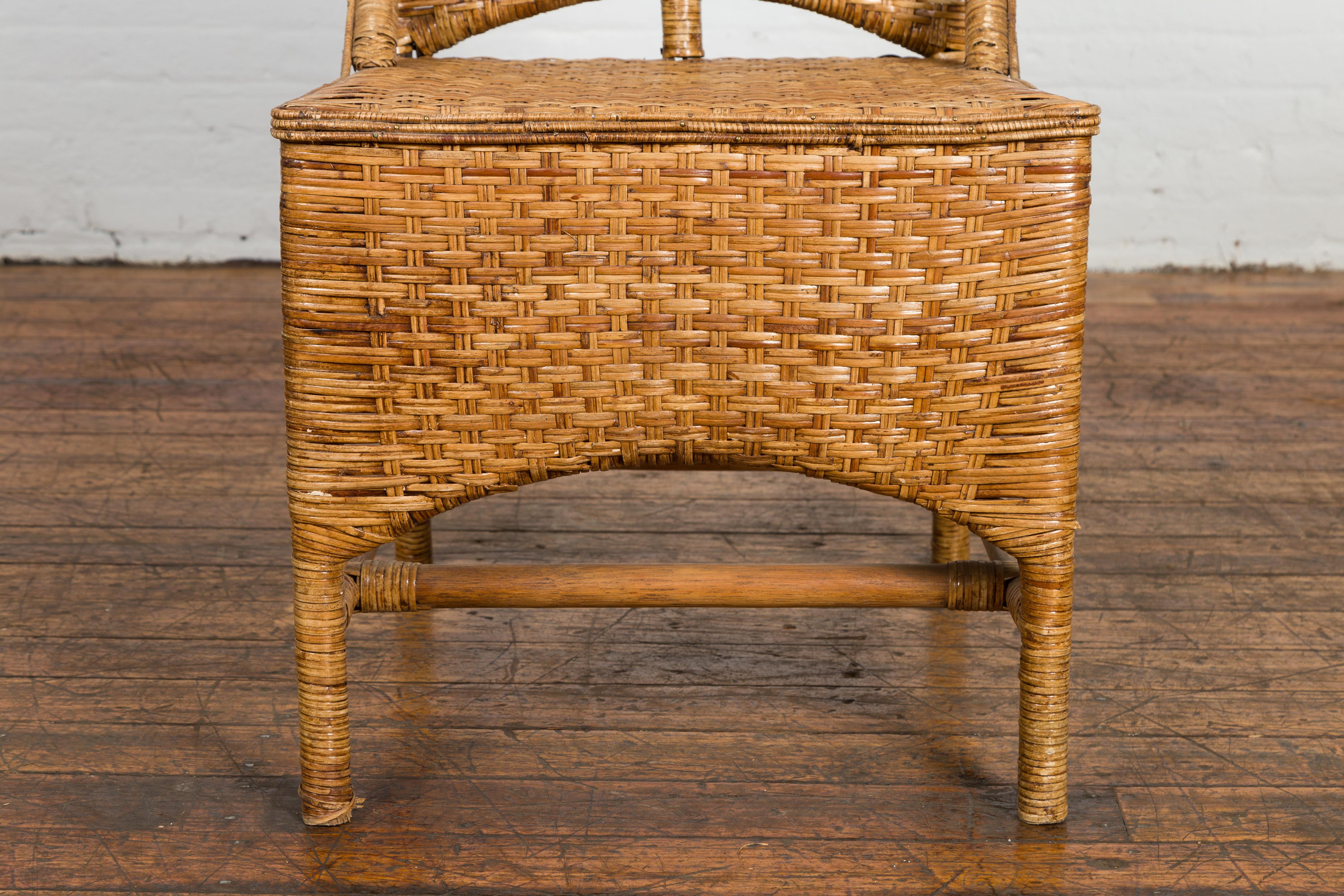 Vintage Rattan Chair with Slanted Back & Long Front Skir In Good Condition For Sale In Yonkers, NY
