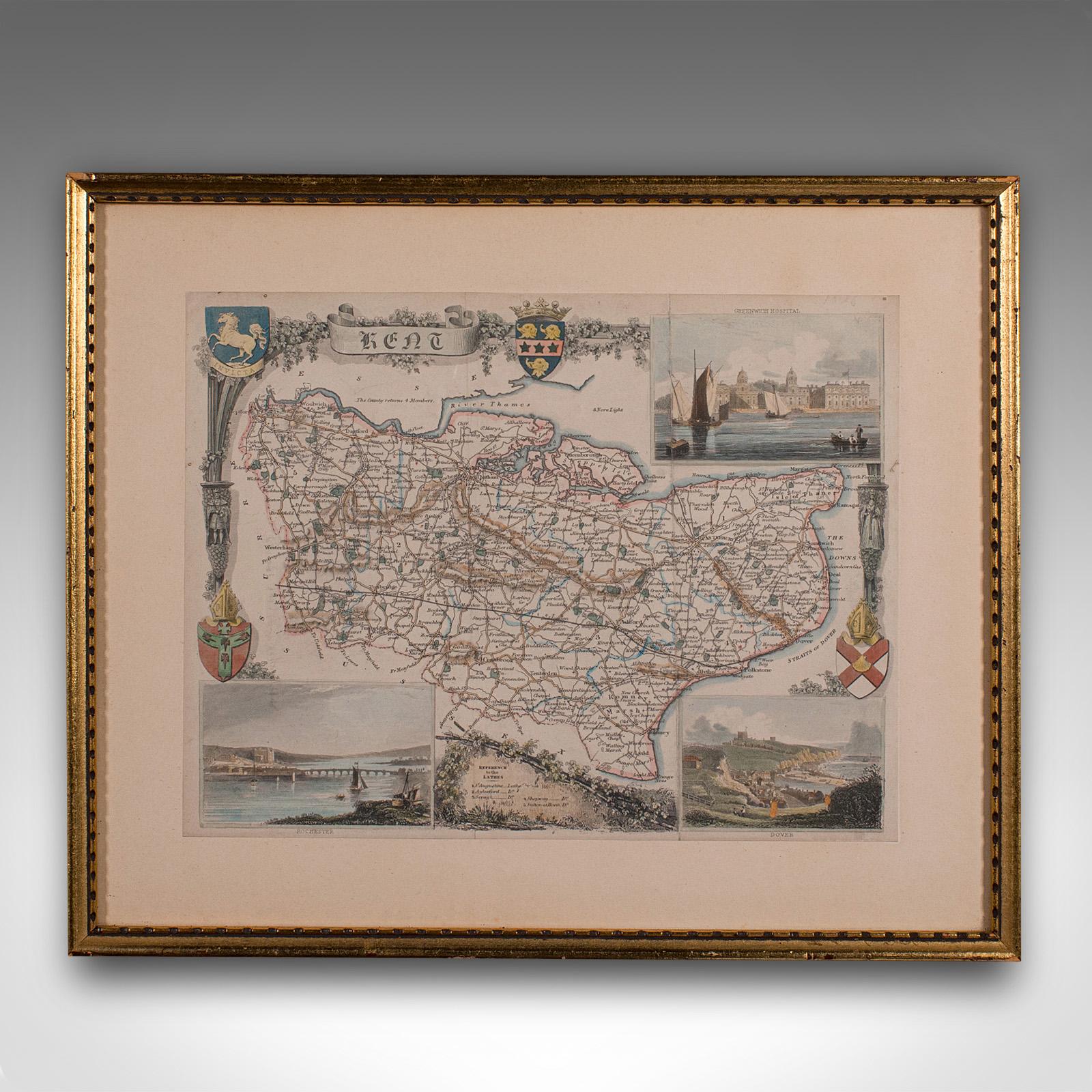 Se trata de un mapa litográfico antiguo de Kent. Grabado atlas inglés, enmarcado, de interés cartográfico, con cartografía de principios del siglo XIX.

Magnífica reproducción litográfica de Kent y los detalles de su condado, perfecta para su