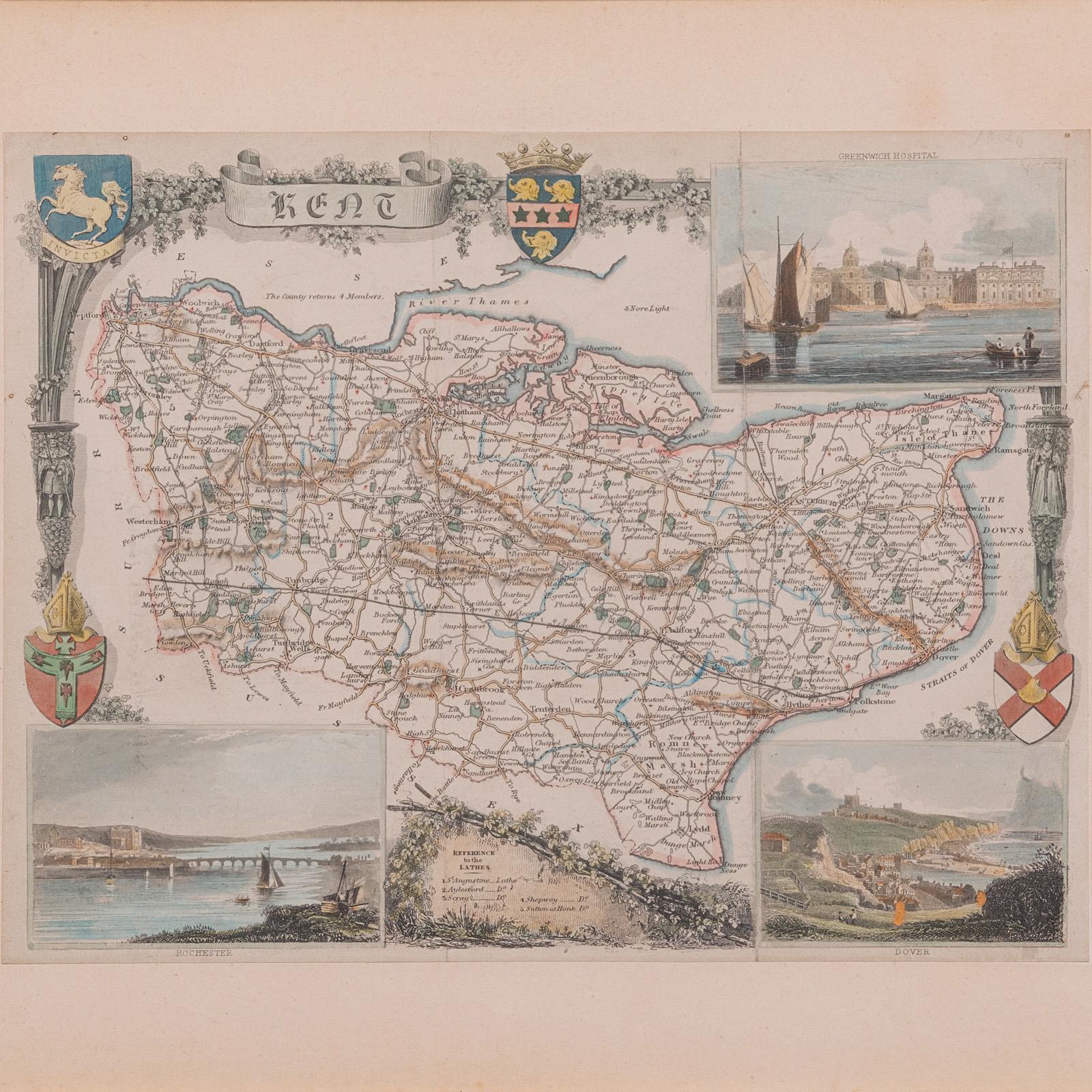 Mapa antiguo del condado de Kent, Historia Cartografía del siglo XIX, según Thomas Moule Británico en venta
