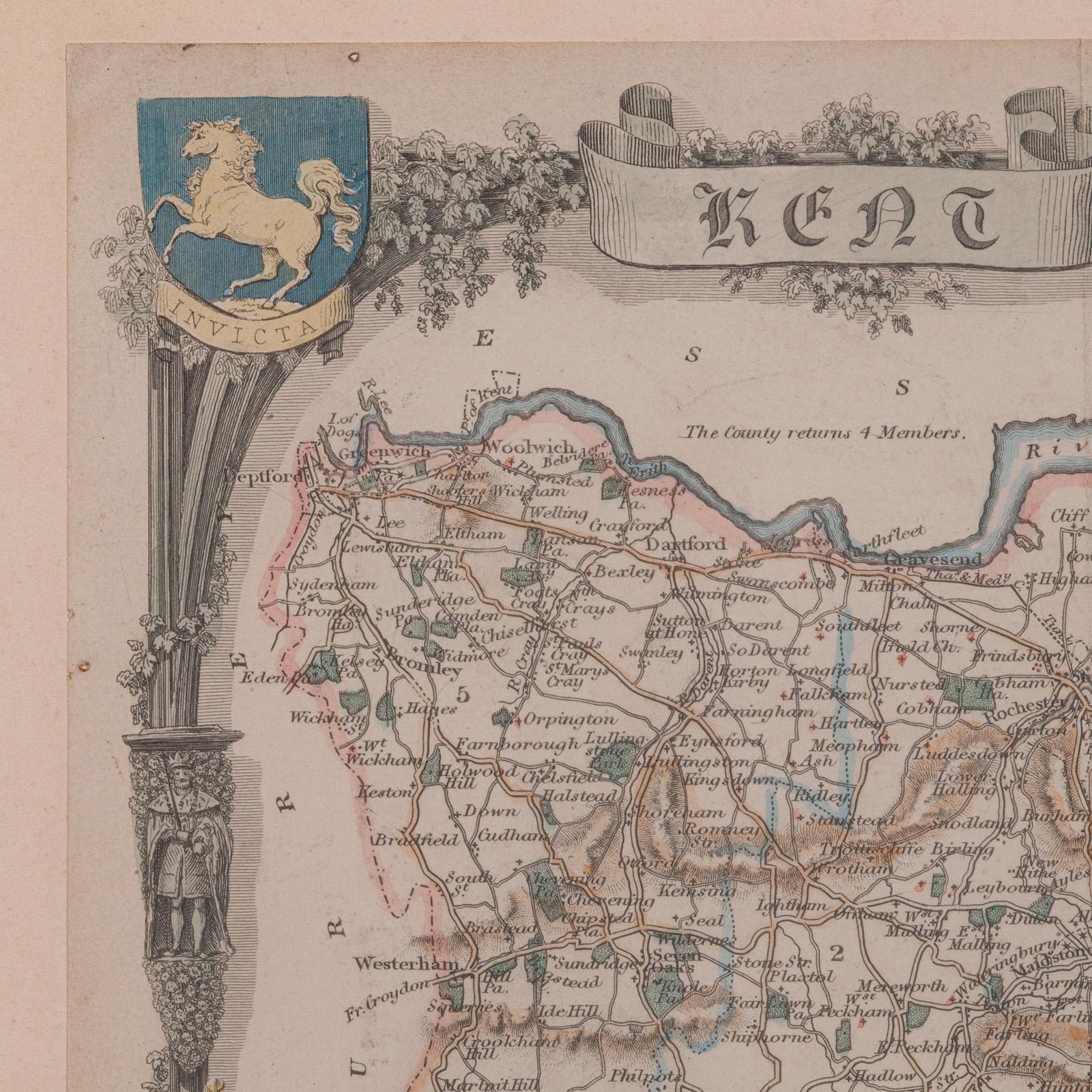 Mapa antiguo del condado de Kent, Historia Cartografía del siglo XIX, según Thomas Moule finales del siglo XX en venta